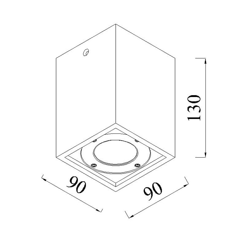 Dibujo técnico de una luminaria cuadrada con dimensiones de 90x90 y una altura de 130.