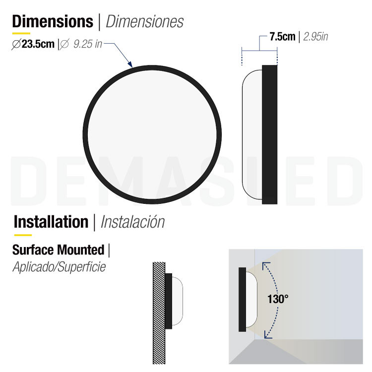 Diagrama técnico con dimensiones e instrucciones de montaje en superficie para una luminaria redonda con 130 grados.
