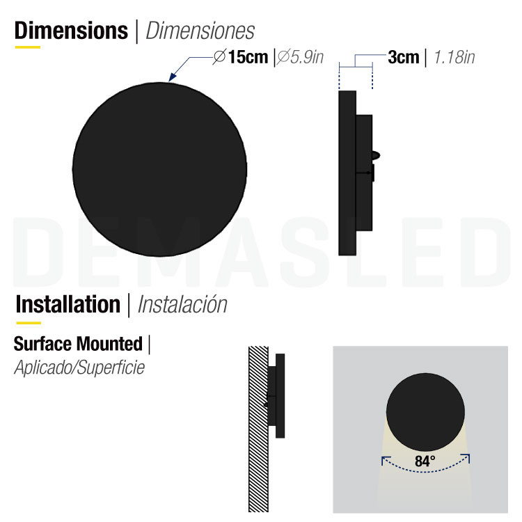 Dibujo técnico que muestra las dimensiones del producto de 15 cm de diámetro y 3 cm de profundidad, y montaje.