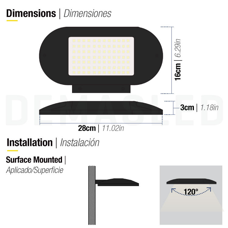Diagrama que muestra dimensiones y montaje en superficie de una luz exterior negra.