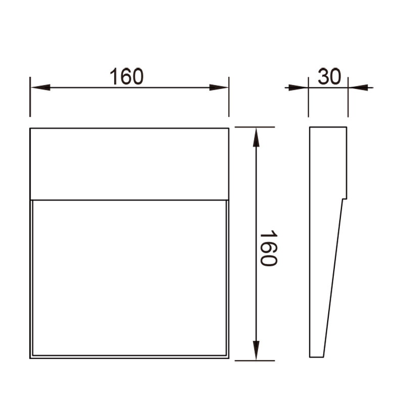 Dibujo técnico de un aplique cuadrado con dimensiones de 160x160x30 mm.