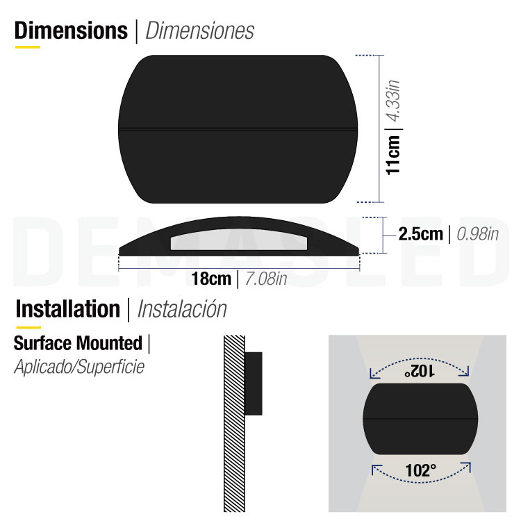 El diagrama muestra dimensiones y montaje superficial de una luz de pared negra con ángulo de 102 grados.