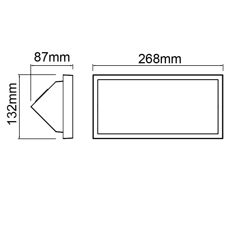 Dibujo técnico de una luminaria rectangular con dimensiones: 268 mm de ancho, 132 mm de alto y 87 mm de profundidad.