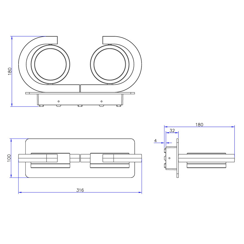 Dibujo técnico de un aplique de pared doble con dimensiones en milímetros.