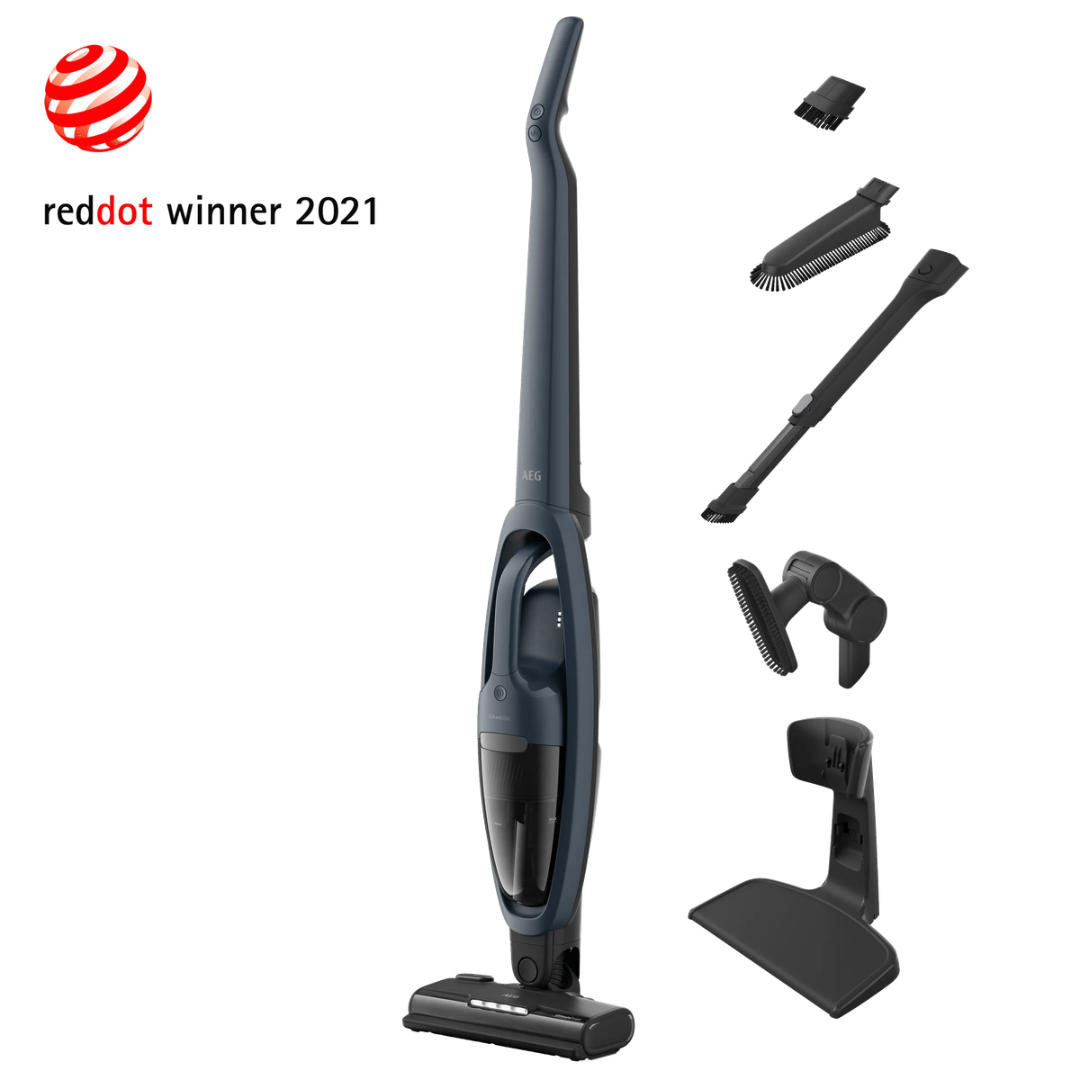 Dunkelgrauer kabelloser Staubsauger mit Zubehör und rotem Red Dot Award 2021 Logo auf weißem Hintergrund.