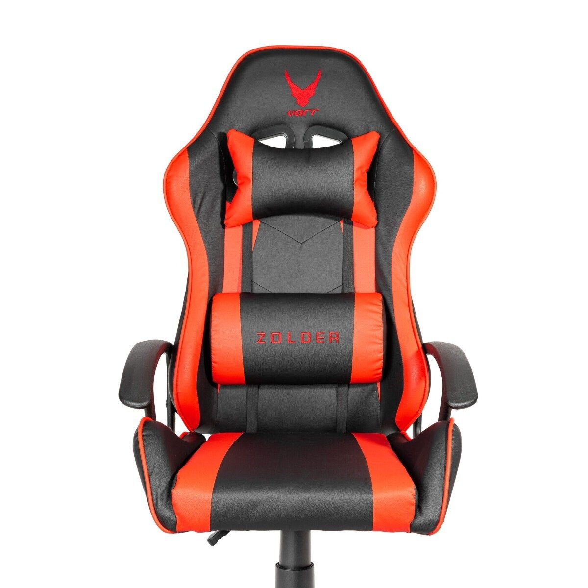 Ein schwarz-roter Gaming-Stuhl mit Kopfstütze und Lendenkissen vor weißem Hintergrund.