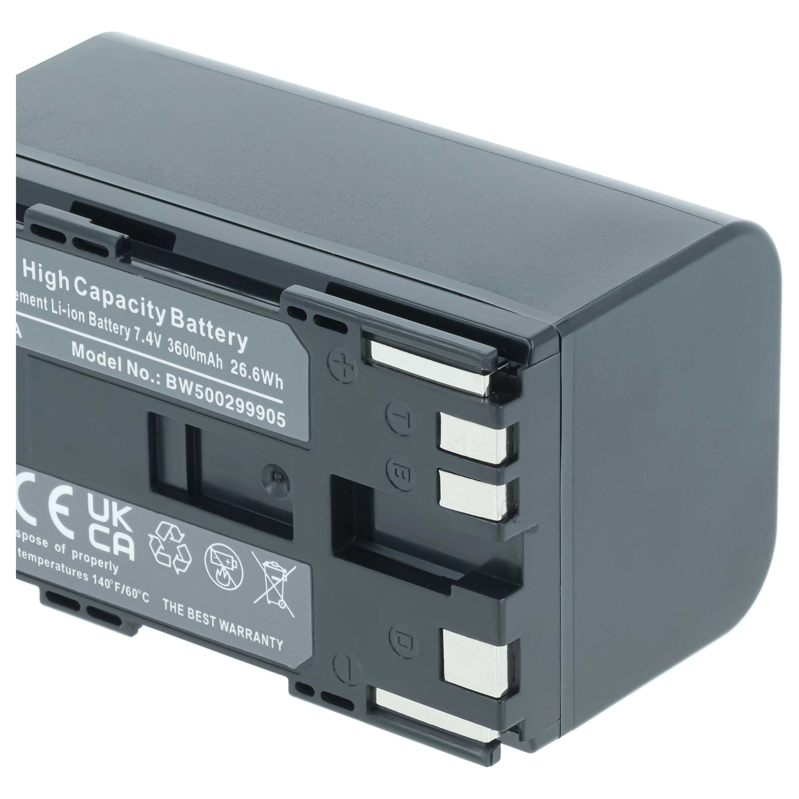 Ein schwarzer High-Capacity-Akku mit Metallkontakten, Warnsymbolen und Modellnummer BW500299905.