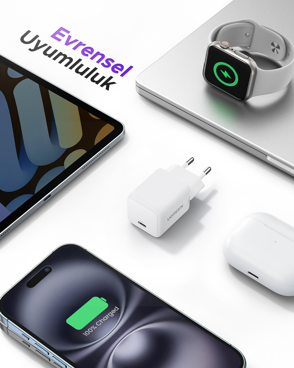 UGREEN 20W GaN Hızlı Type-C QC PD 1xUSB-C, 55554 Şarj Cihazı Beyaz