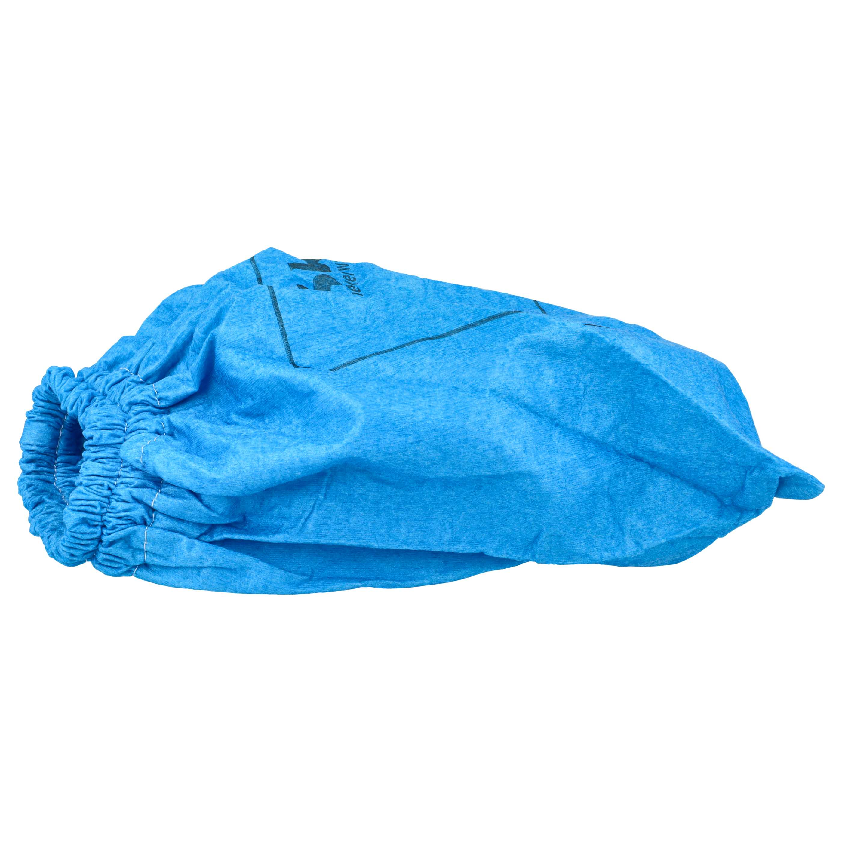 Ein blauer Filterbeutel aus Vliesstoff mit elastischem Bund auf einem weißen Hintergrund.