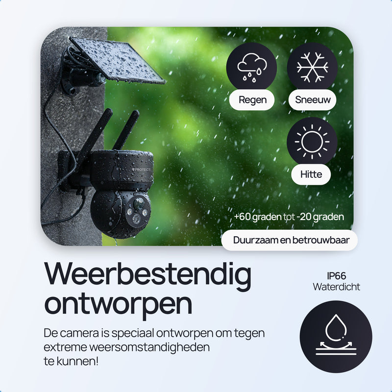 Weatherproof security camera in the rain with solar panel and weather icons.