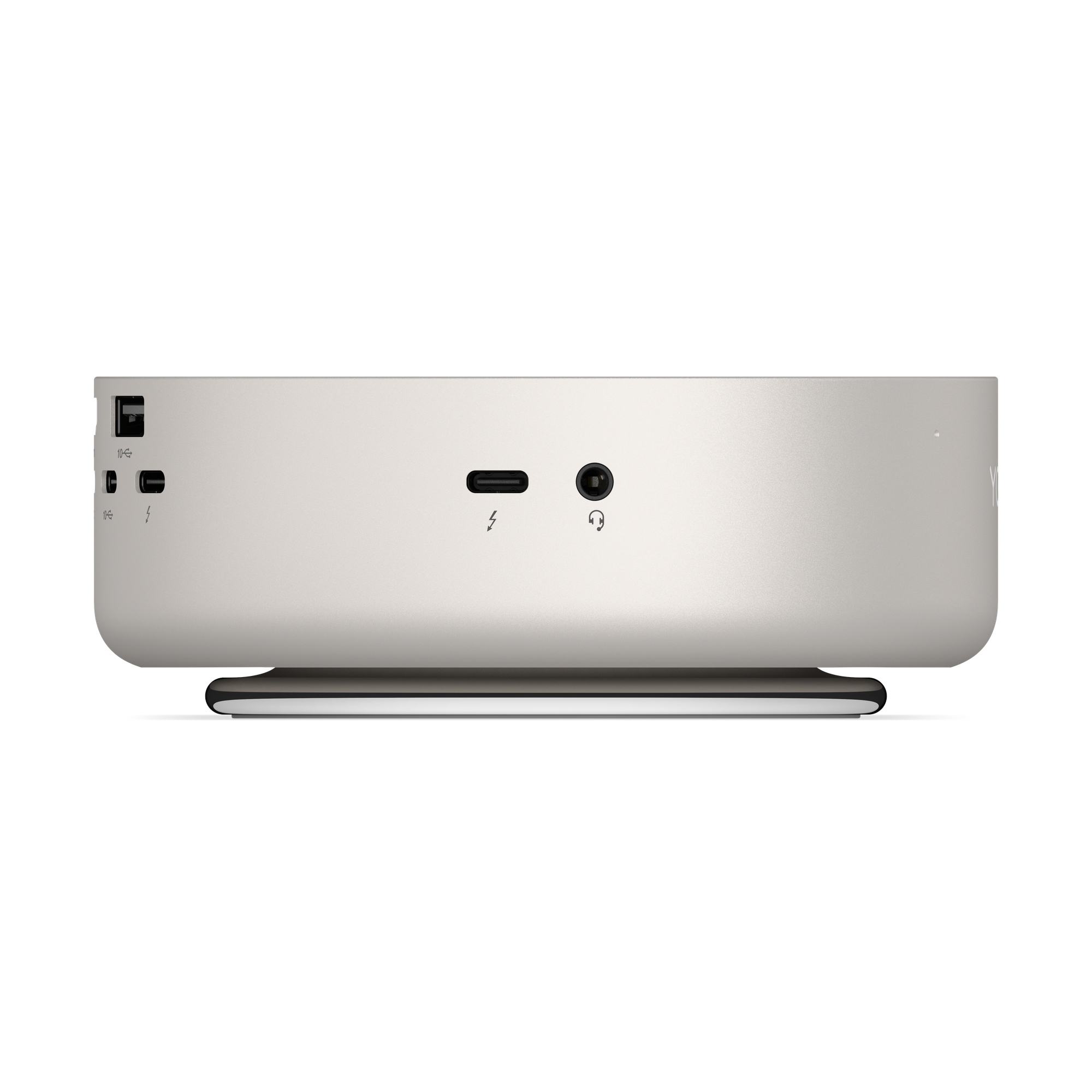 Vista frontale di un dispositivo elettronico argentato con porte USB, USB-C e audio su sfondo bianco.
