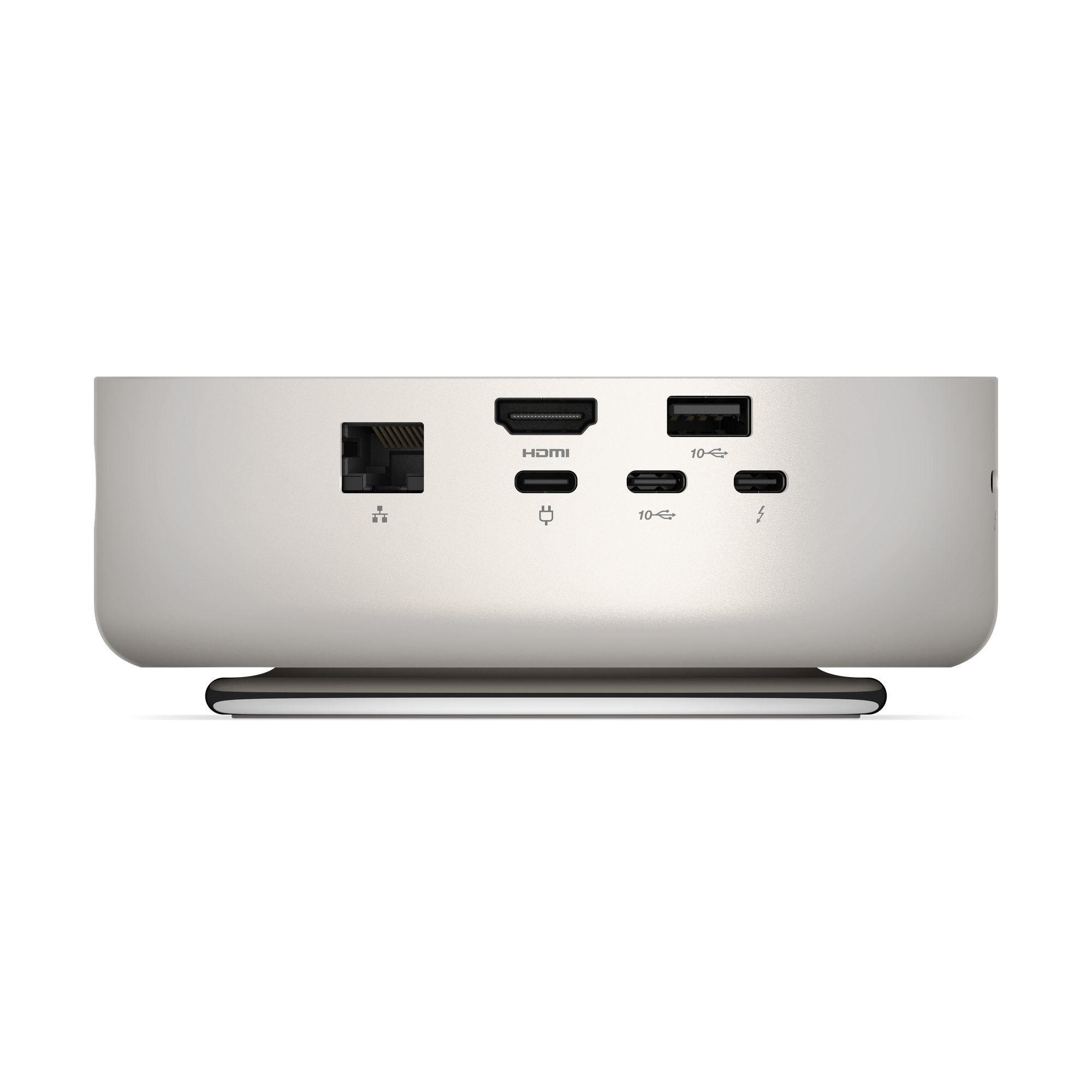 Vista posteriore di una docking station grigia con porte Ethernet, HDMI, USB e USB-C.