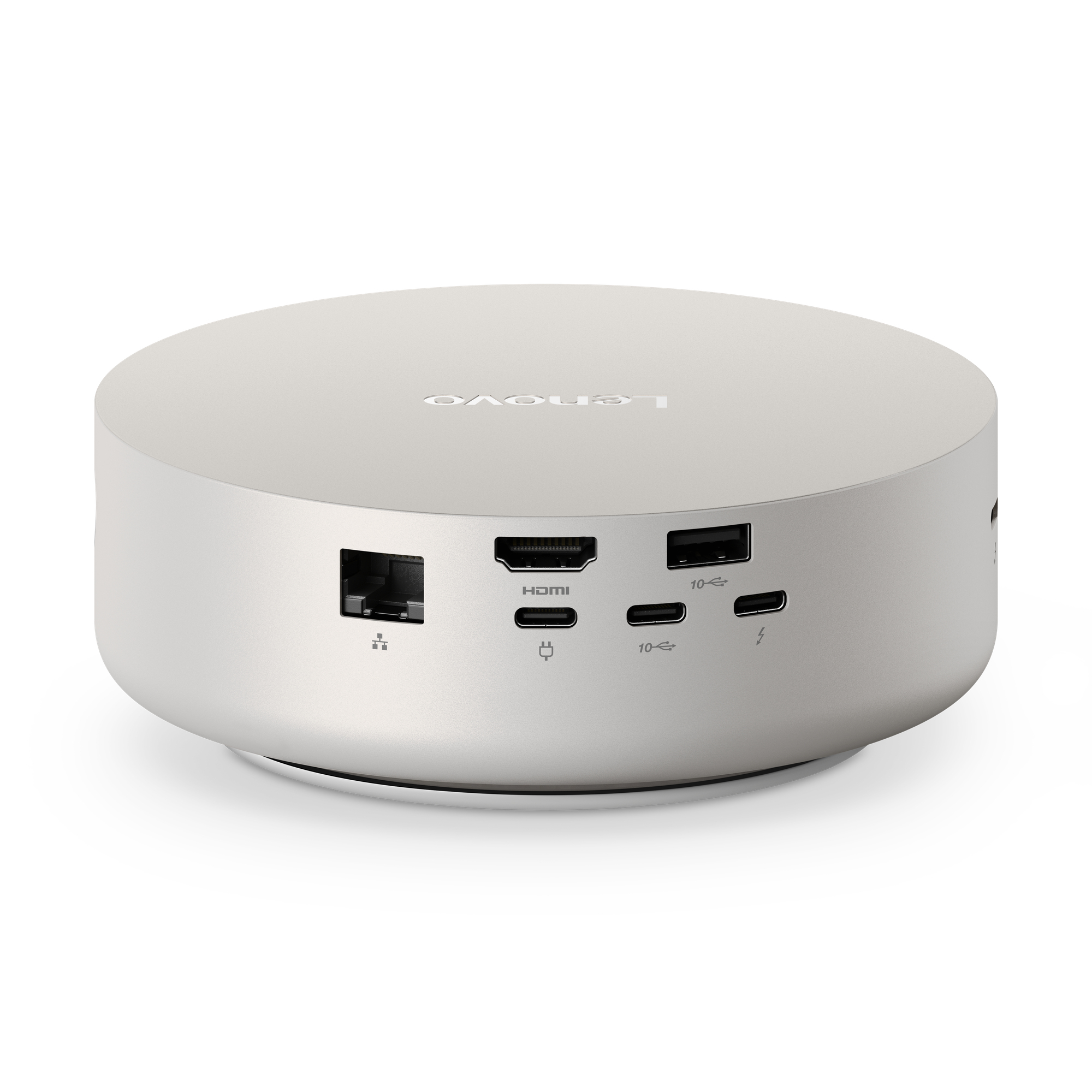 Una docking station Lenovo rotonda e argentata con varie porte sulla parte anteriore, isolata su sfondo bianco.