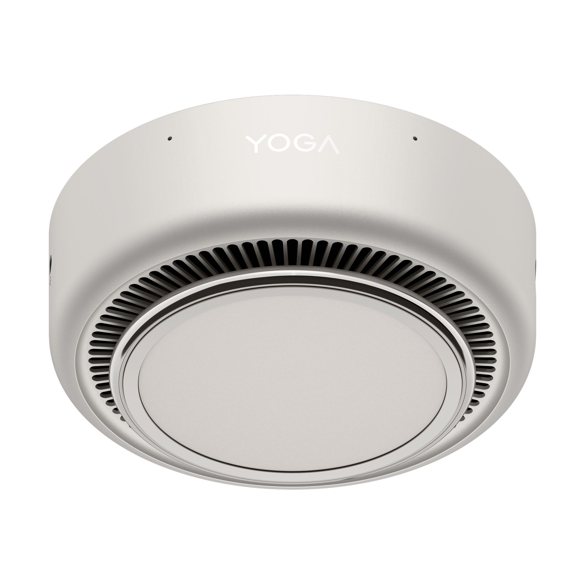 Un dispositivo Yoga rotondo e argentato con feritoie di ventilazione su sfondo bianco.