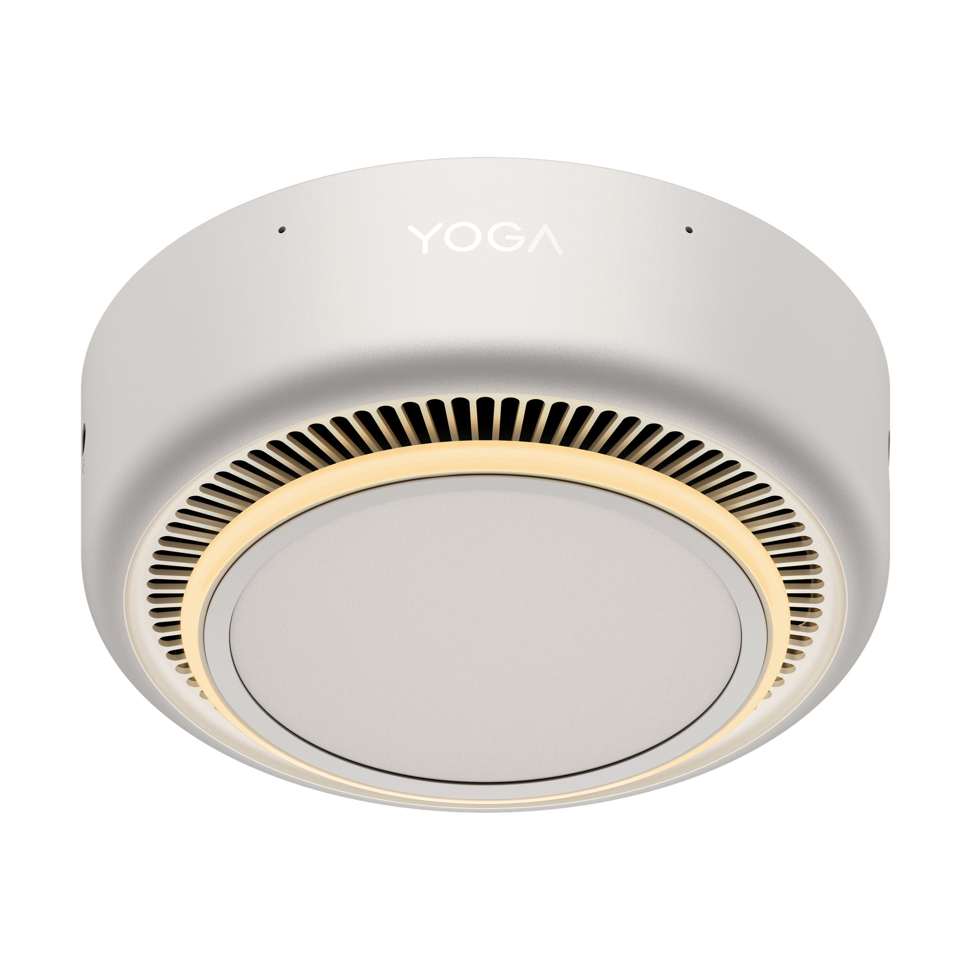 Un dispositivo Yoga rotondo bianco con fessure di ventilazione e un anello luminoso giallo caldo su sfondo bianco.