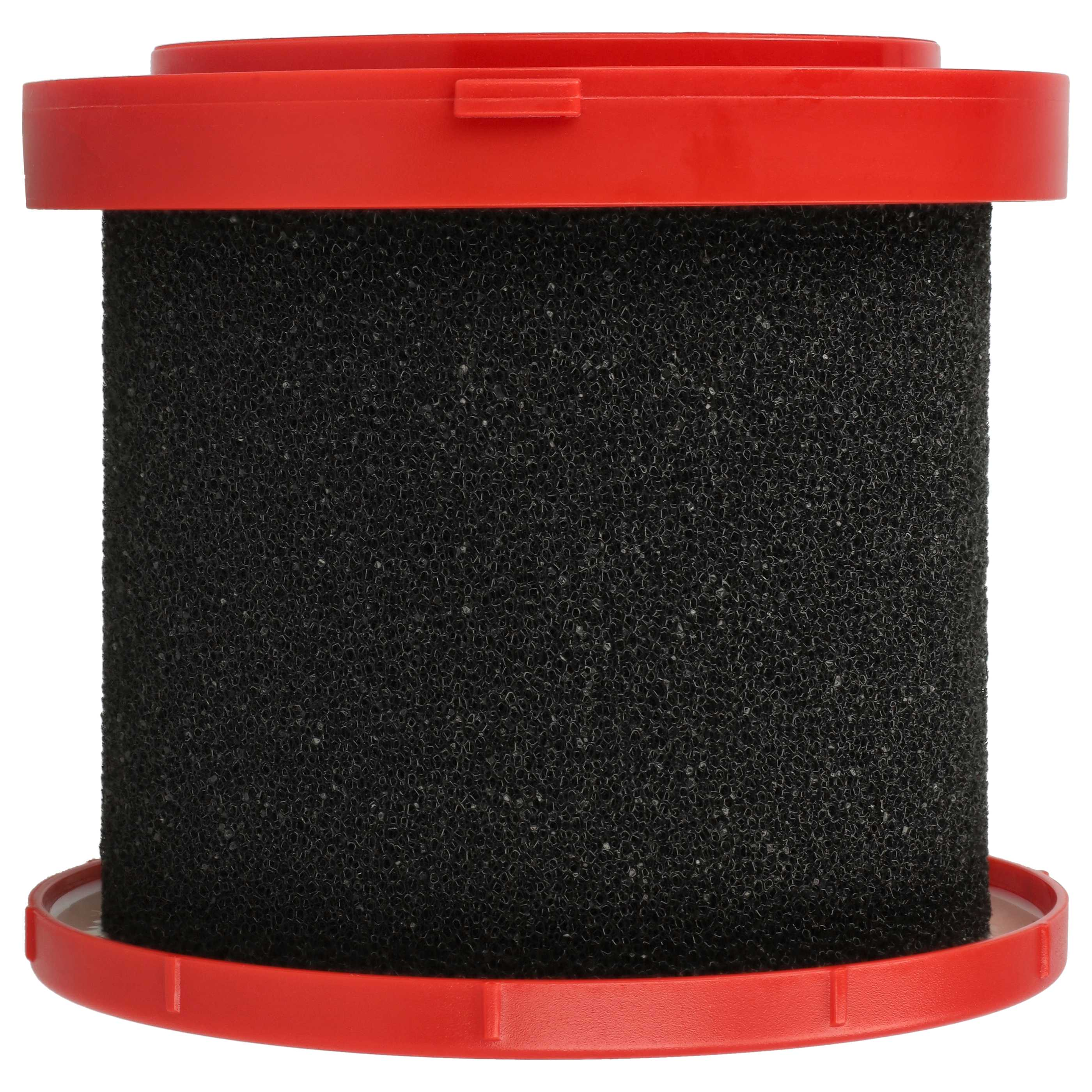 Ein zylindrischer schwarzer Schaumstofffilter mit roten Plastikdeckeln oben und unten auf weißem Hintergrund.