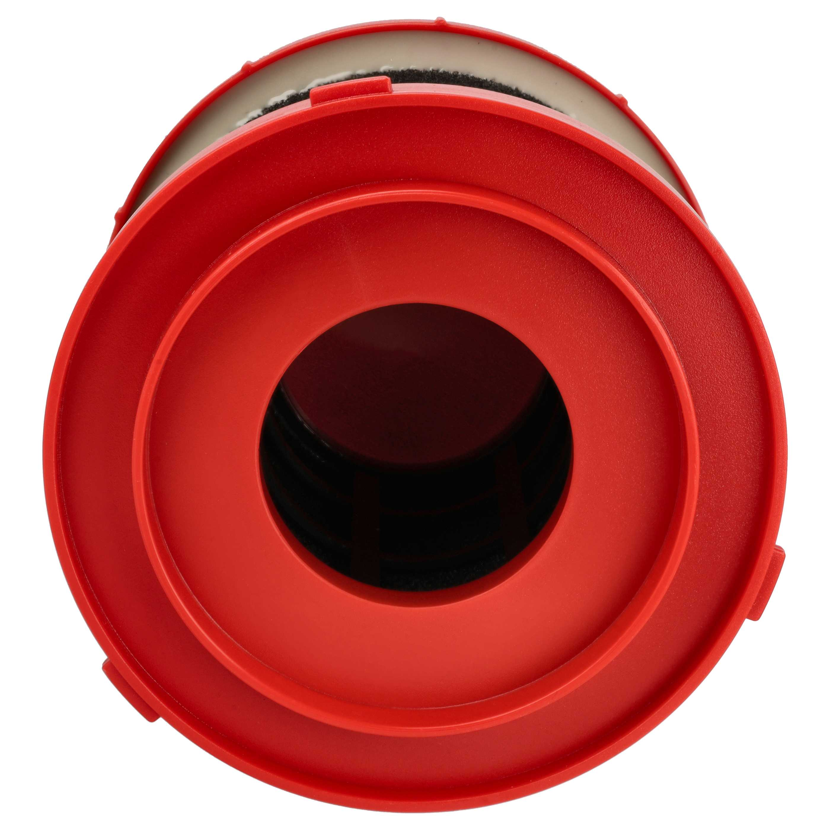 Runder roter Filter mit zentraler Öffnung auf weißem Hintergrund.
