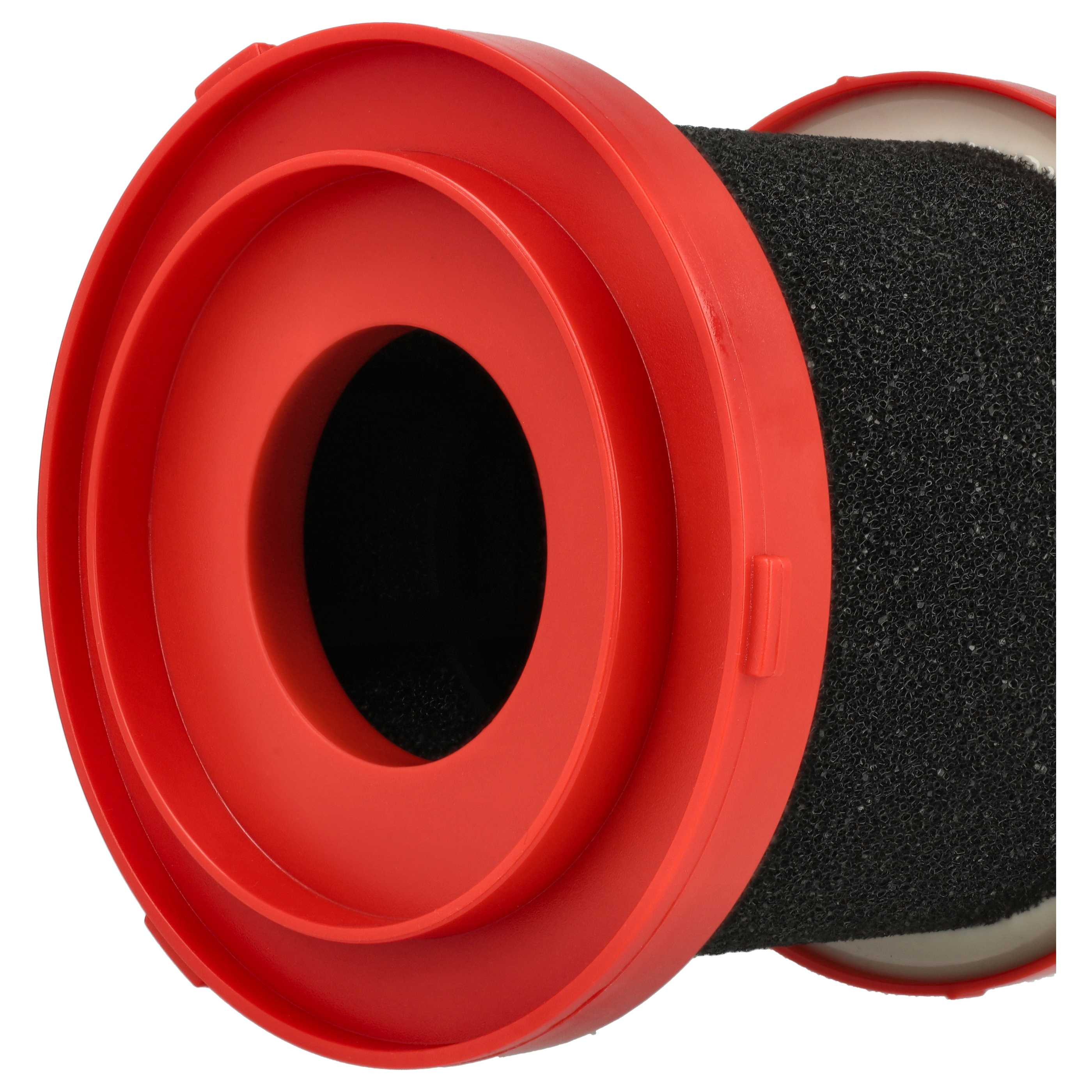 Ein roter und schwarzer zylindrischer Filter mit einer zentralen Öffnung.