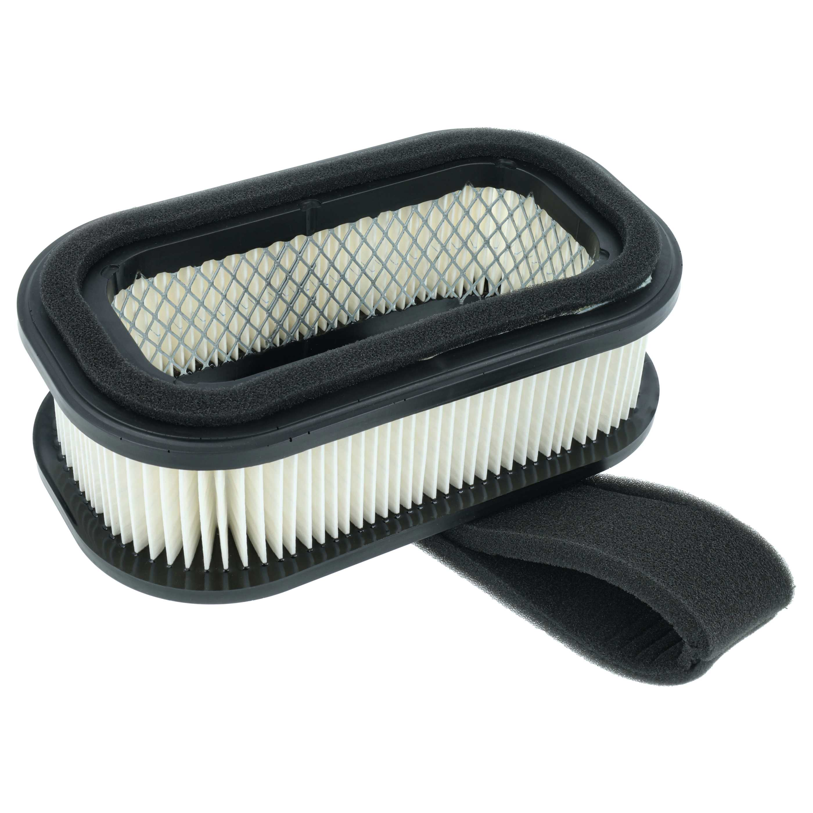 Ein rechteckiger Luftfilter mit schwarzem Rahmen, weißem Faltenmaterial und einem Schaumstoffband auf weißem Grund.