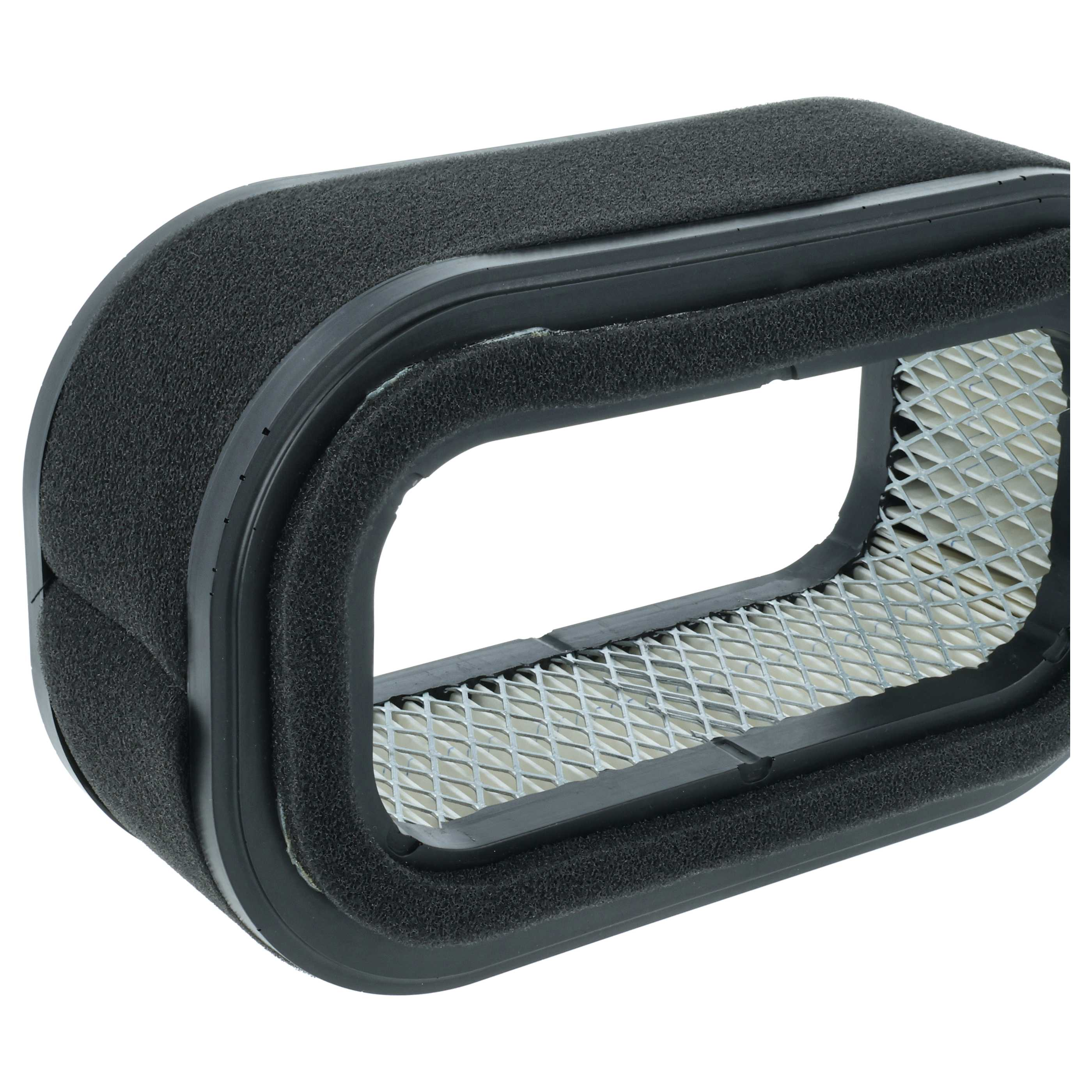 Rechteckiger Luftfilter mit schwarzem Schaumstoffrand und weißem Faltenfilter mit Metallgitter.