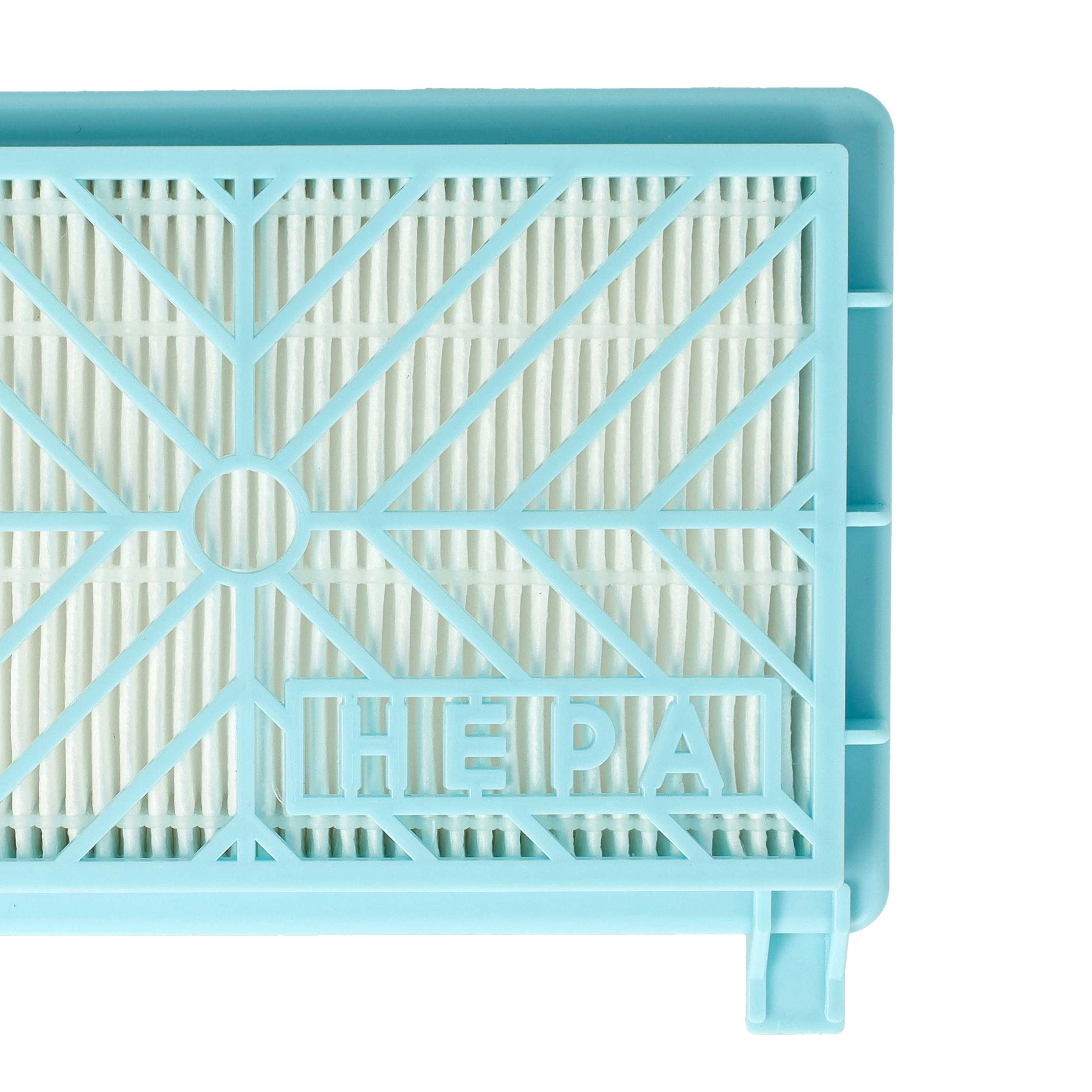 Ein blauer Plastik-HEPA-Filter mit weißem Faltenfilterelement auf weißem Hintergrund.