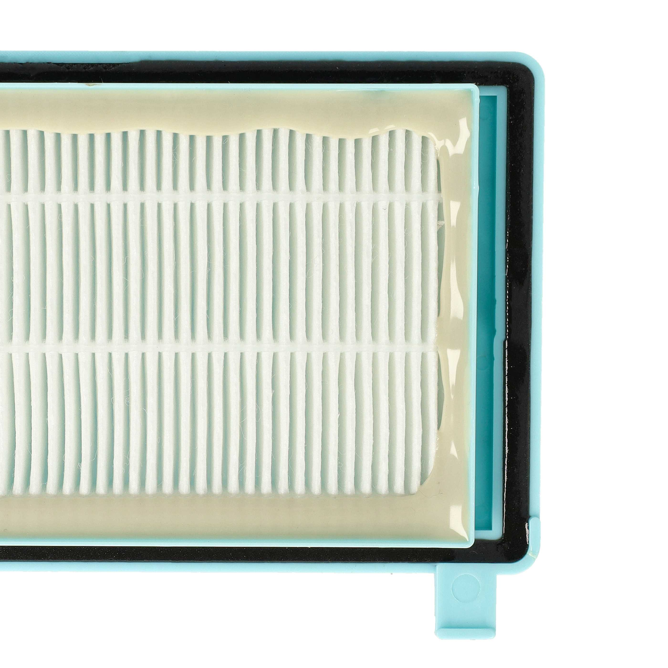 Nahaufnahme eines weißen HEPA-Filters mit blauem Plastikrahmen und Dichtung.