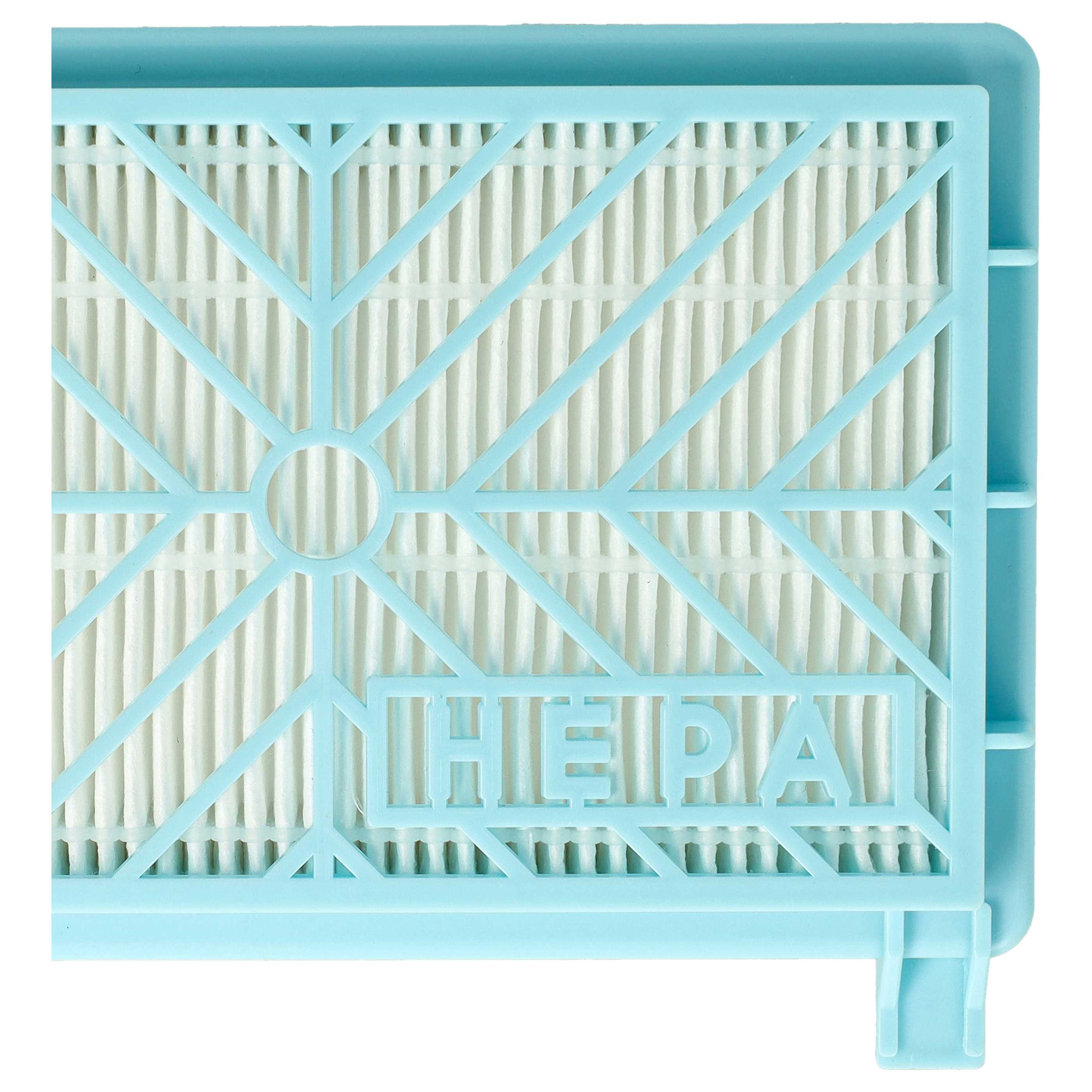 Ein blauer HEPA-Filter mit weißem Faltenmaterial und geometrischem Schutzgitter.