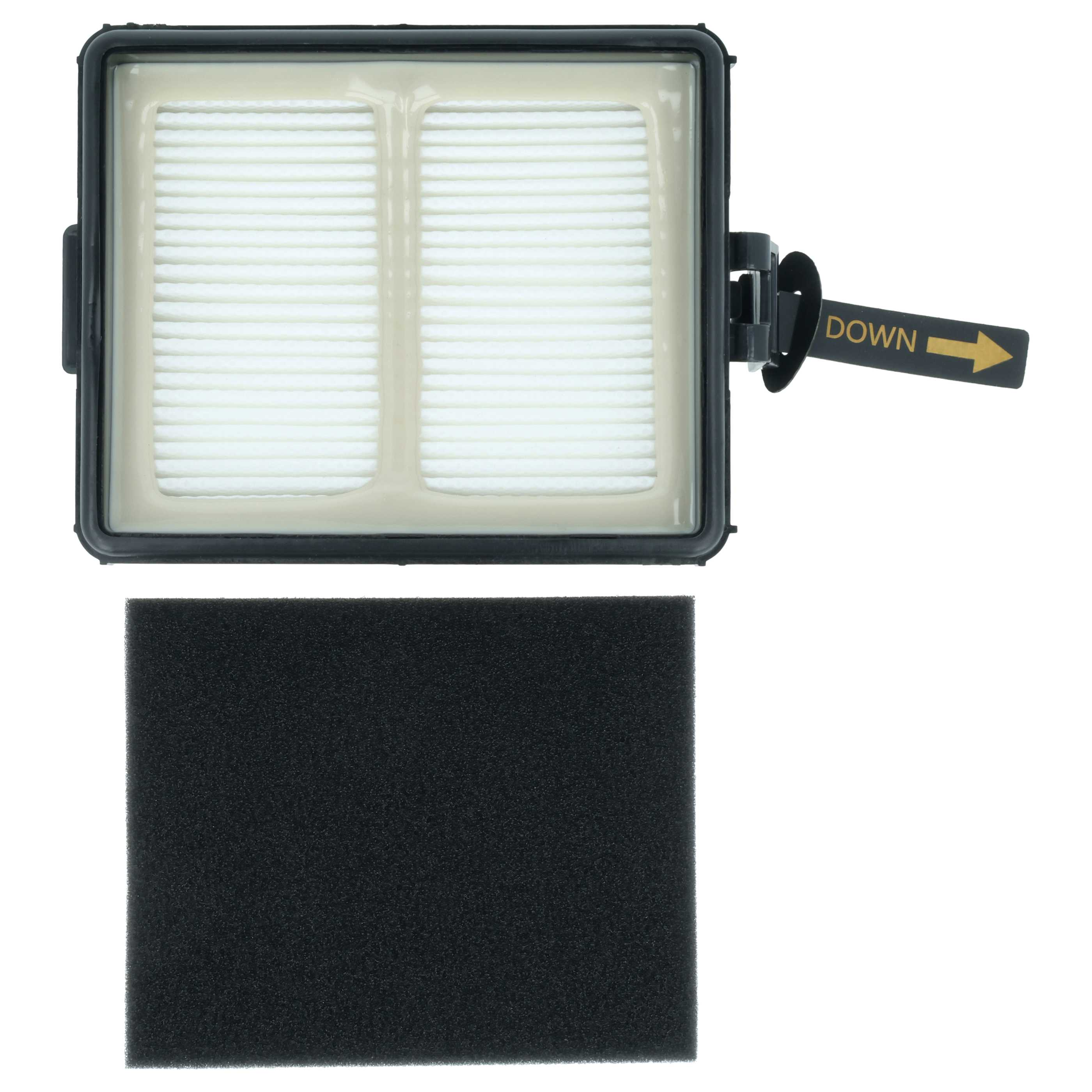 Ein rechteckiger Staubsaugerfilter mit schwarzem Rahmen und ein separates schwarzes Schaumstofffilterpad.