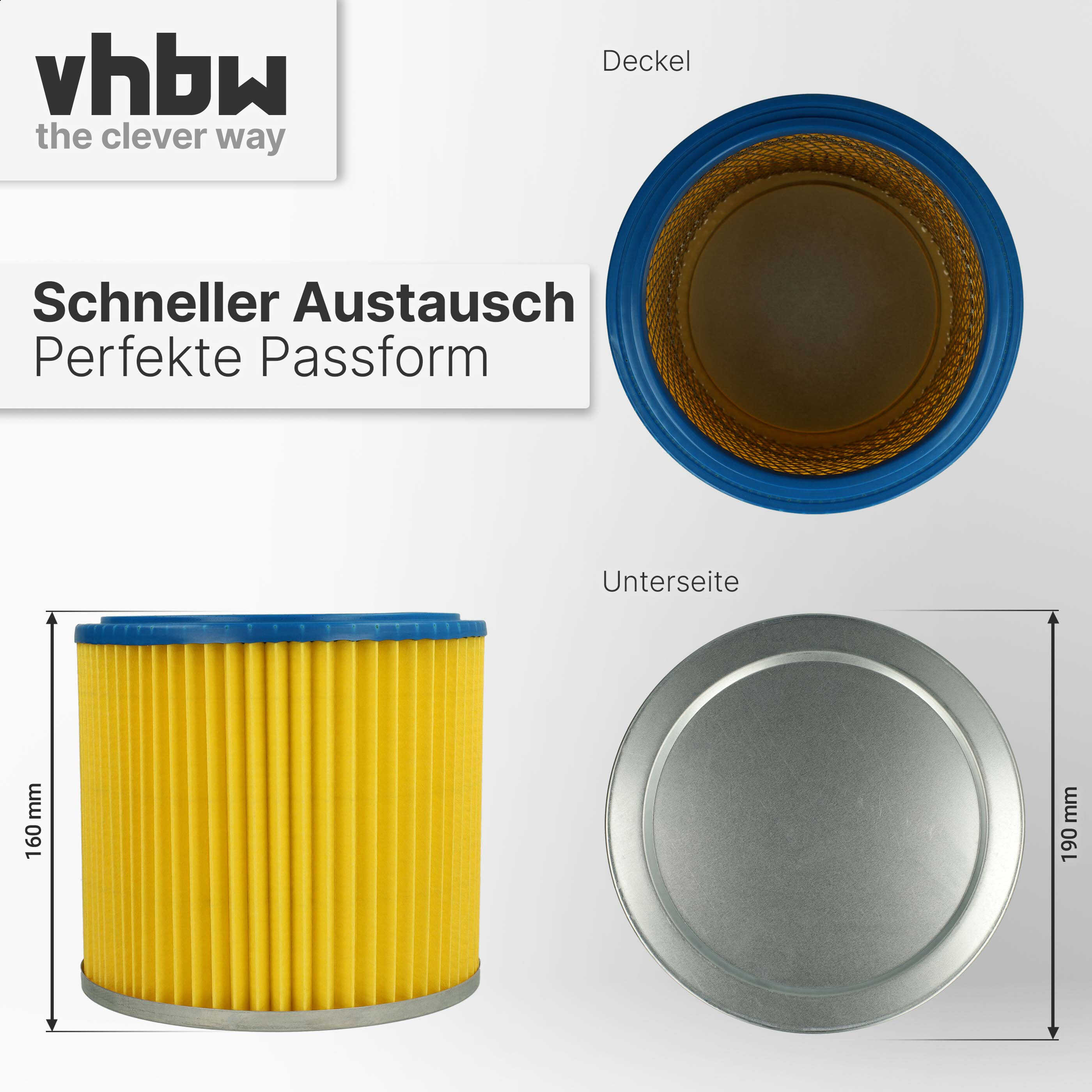 Zylinderförmiger gelber Filter mit blauer Oberseite und Metallboden, inklusive Maßangaben und Logo.