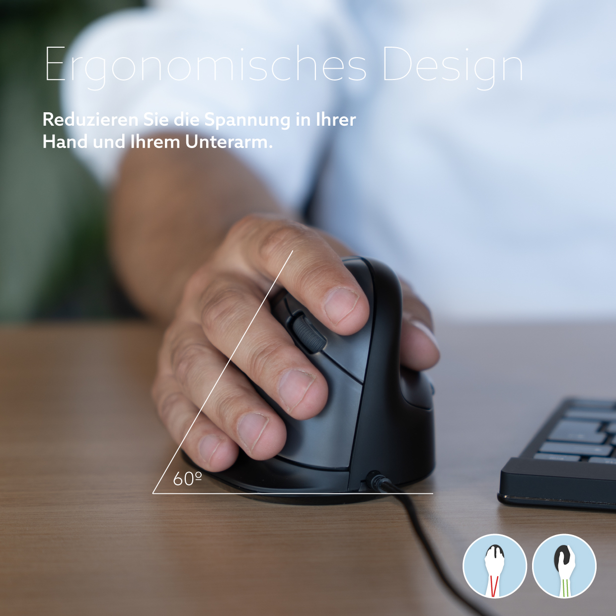 Hand using an ergonomic vertical computer mouse on a wooden desk.