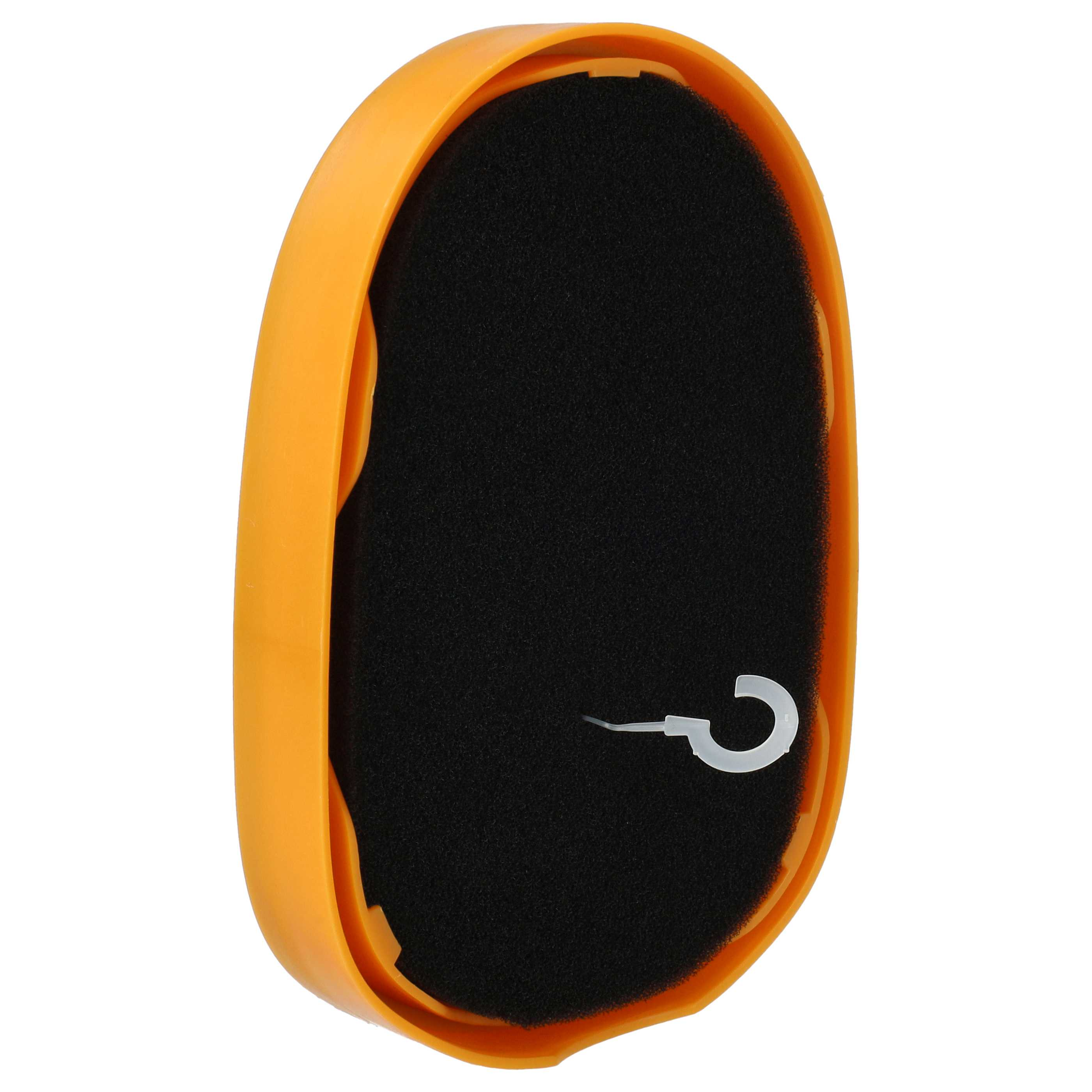 Ein ovaler, gelber Schwammhalter mit schwarzem Einsatz und weißem Plastikclip auf weißem Hintergrund.