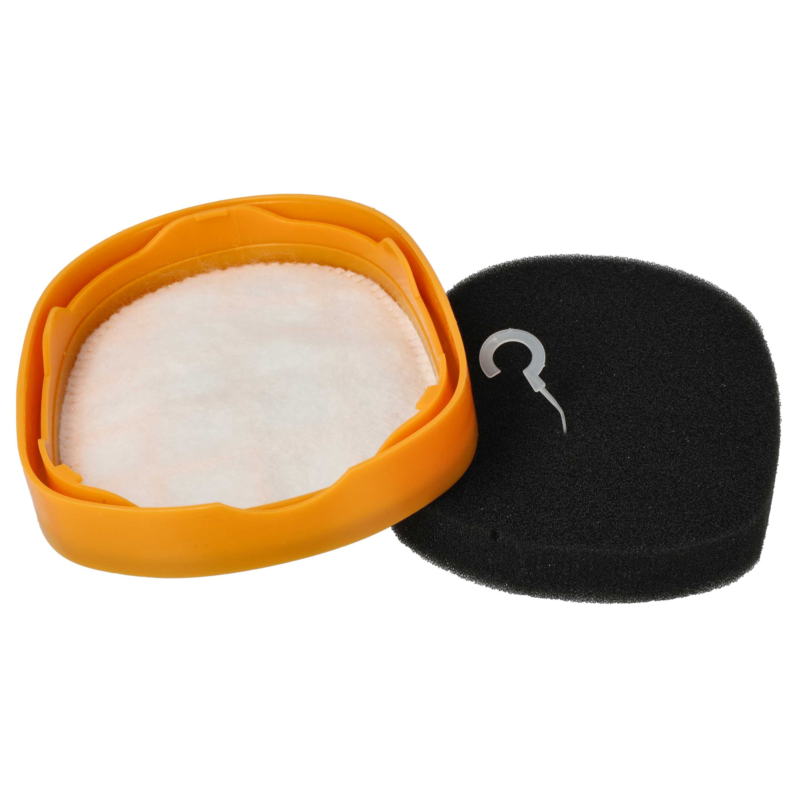 Ein gelber Kasten mit weißem Filter und ein separater schwarzer Schwamm mit Plastikclip liegen auf weißem Grund.