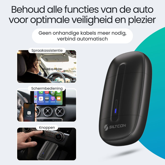 A black wireless car adapter with a blue LED light, shown with three inset photos demonstrating car features.