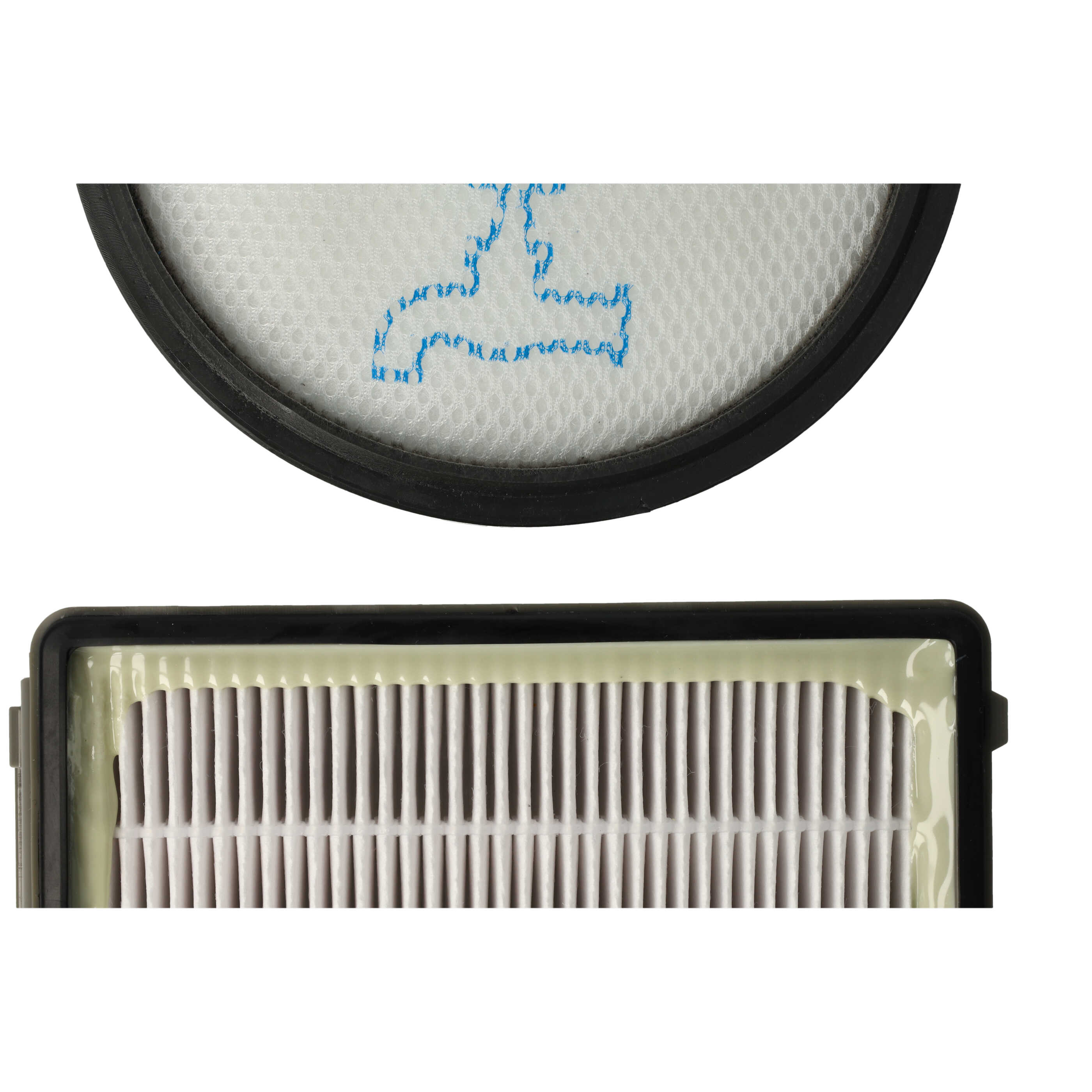 Detailansicht eines runden und eines rechteckigen Filters mit weißem Gewebe, blauer Markierung und schwarzem Rahmen.