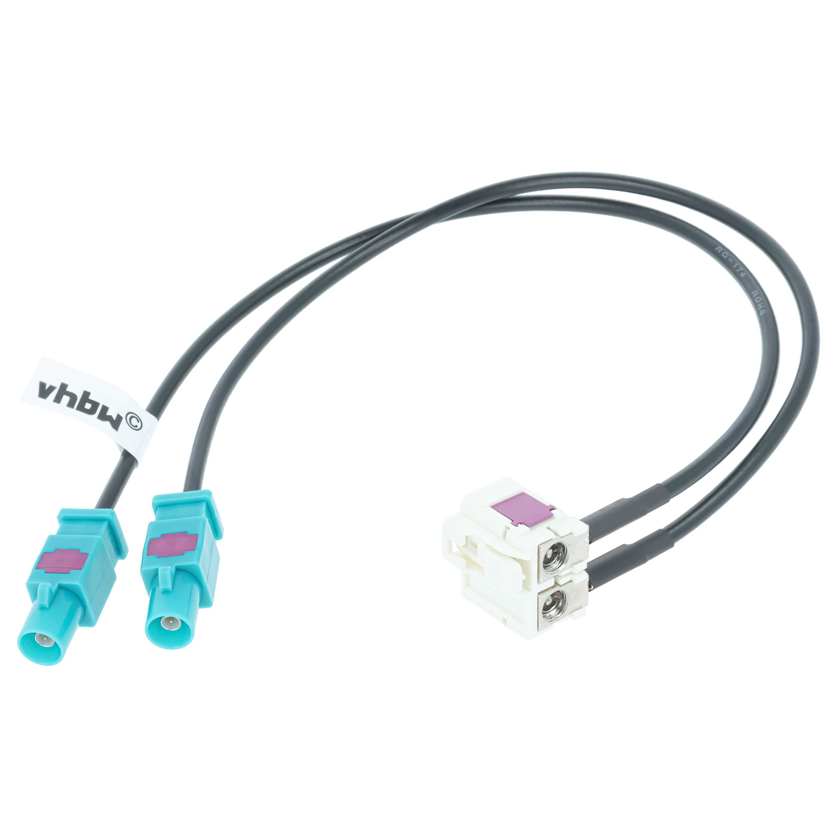 Ein graues Kabel mit zwei blauen Steckern auf der linken und einem großen weißen Stecker auf der rechten Seite.