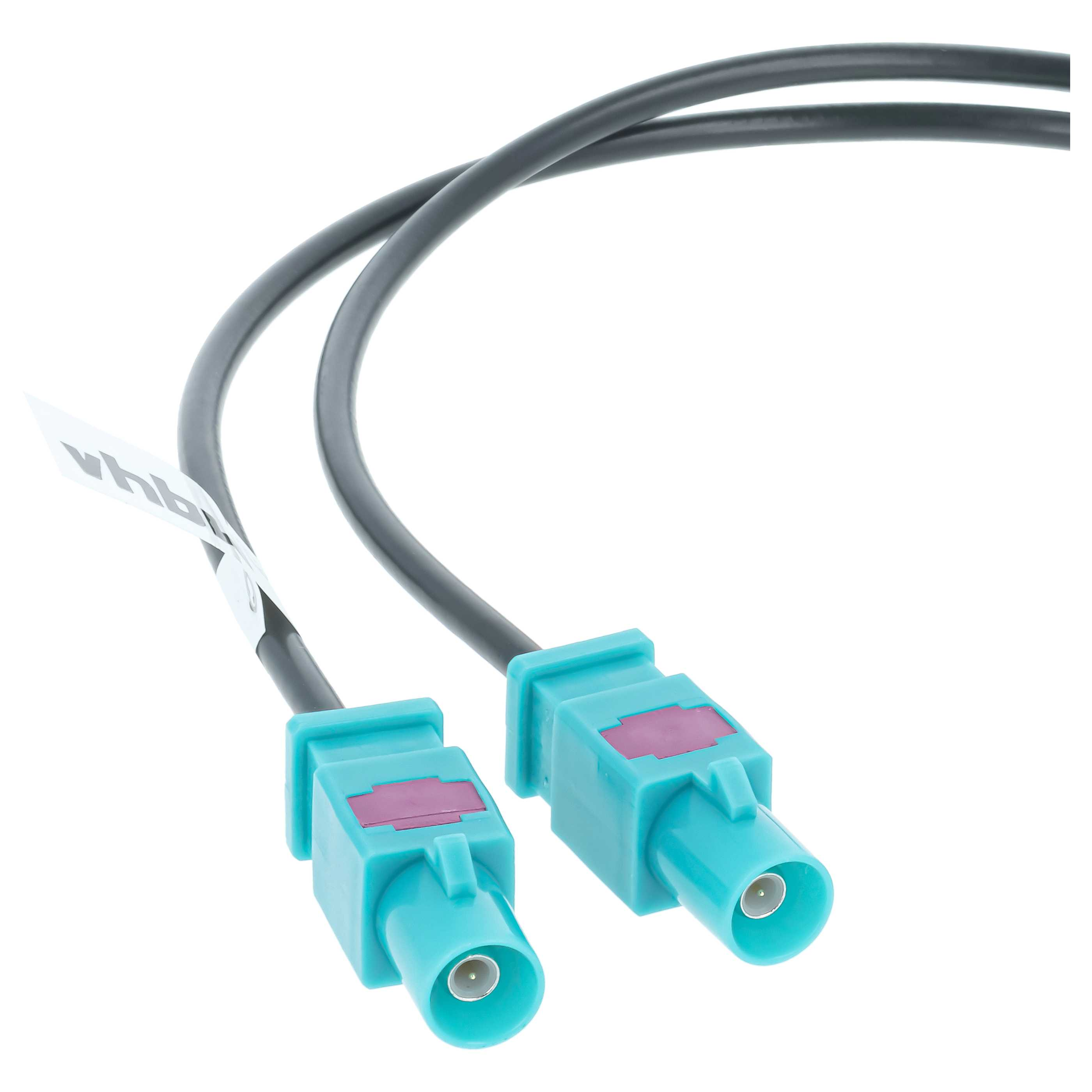 Zwei schwarze Kabel mit türkis- und purpurfarbenen Steckern auf weißem Hintergrund.