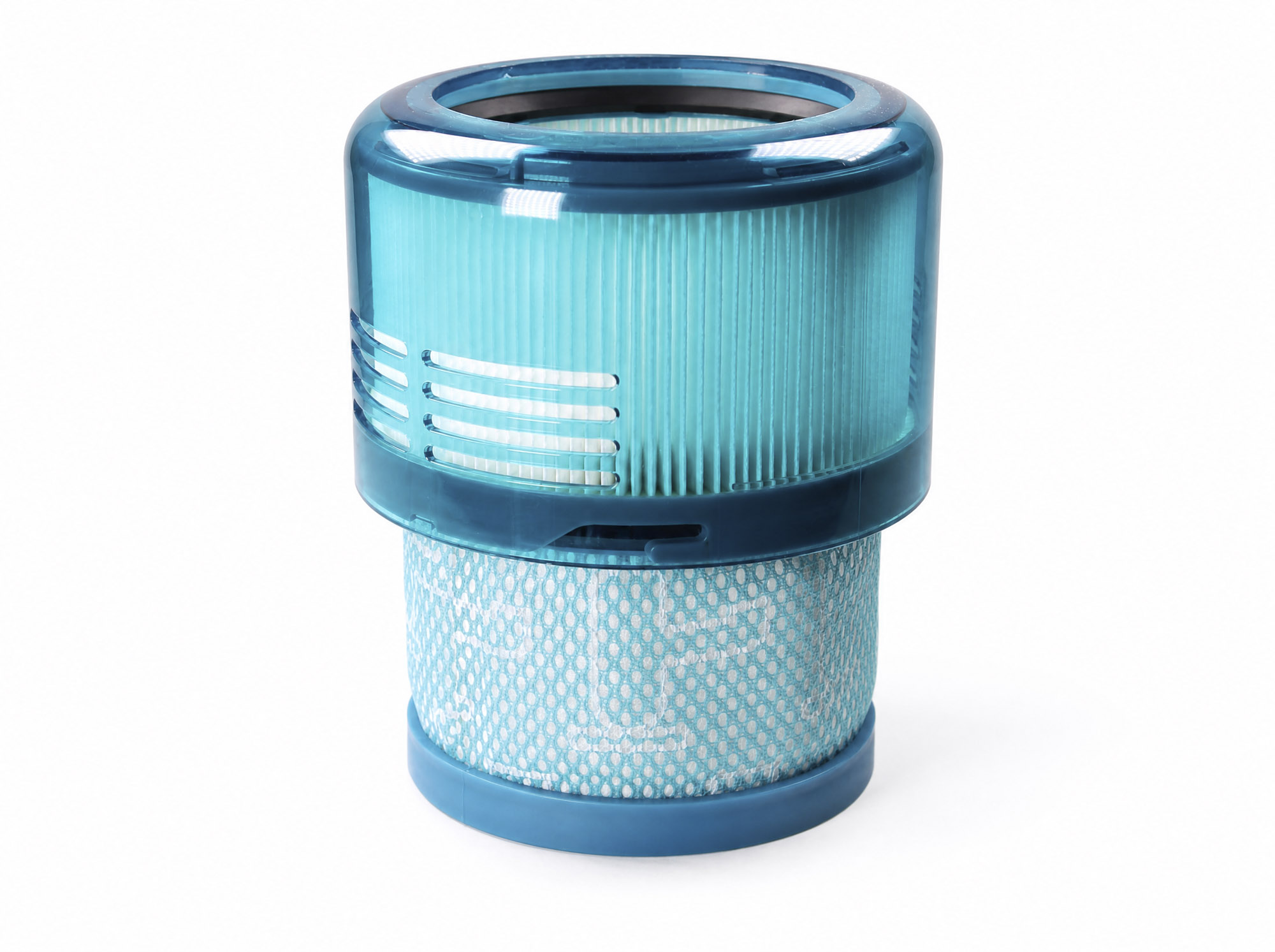 Ein zylindrischer blauer Luftreinigerfilter mit weißem Faltenfilterelement auf weißem Hintergrund.