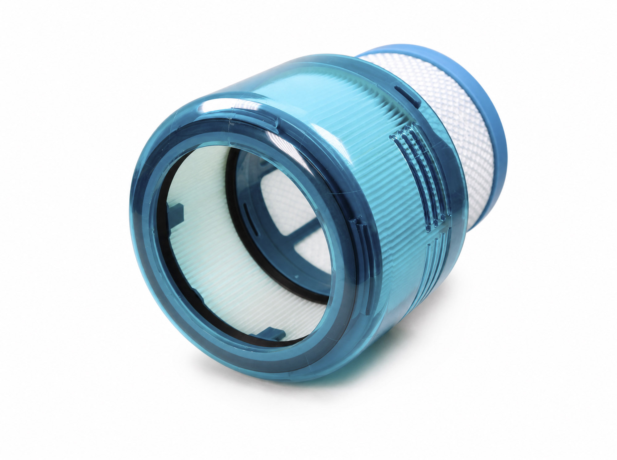 Ein zylindrischer blauer und weiÒer Staubsaugerfilter auf weiÒem Hintergrund.