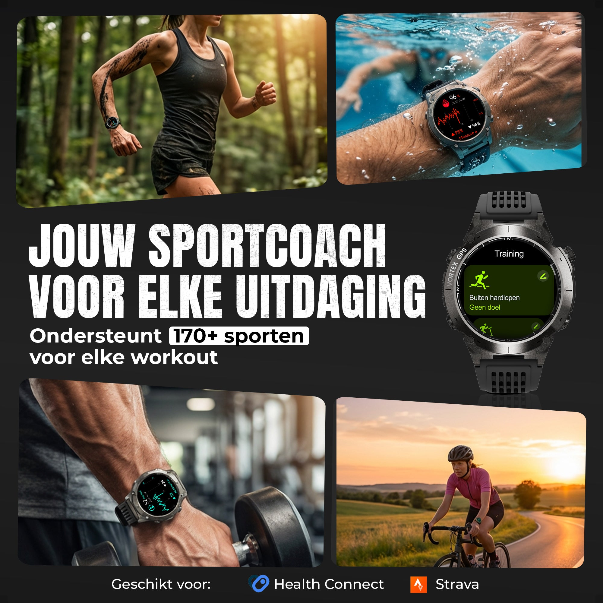 A sports smartwatch shown during activities like running, swimming, and cycling.