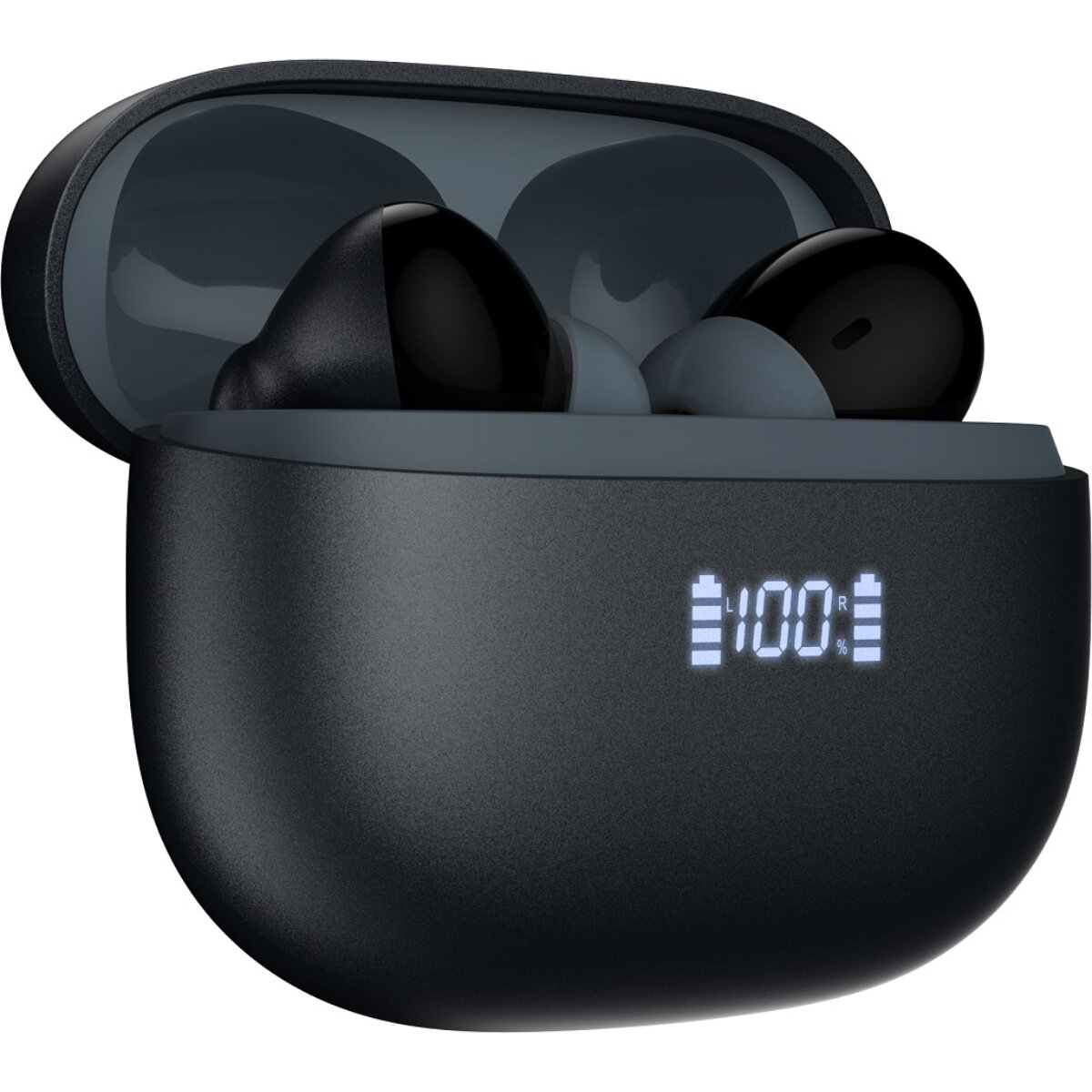 Schwarze kabellose Ohrhörer im geöffneten Ladecase mit digitaler 100% Batterieanzeige.