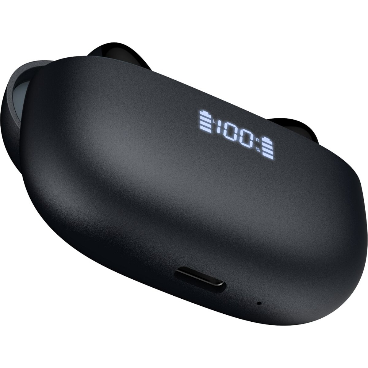 Ein schwarzes Ladeetui für kabellose Ohrhörer mit einer digitalen Batteriestandsanzeige von 100 Prozent.