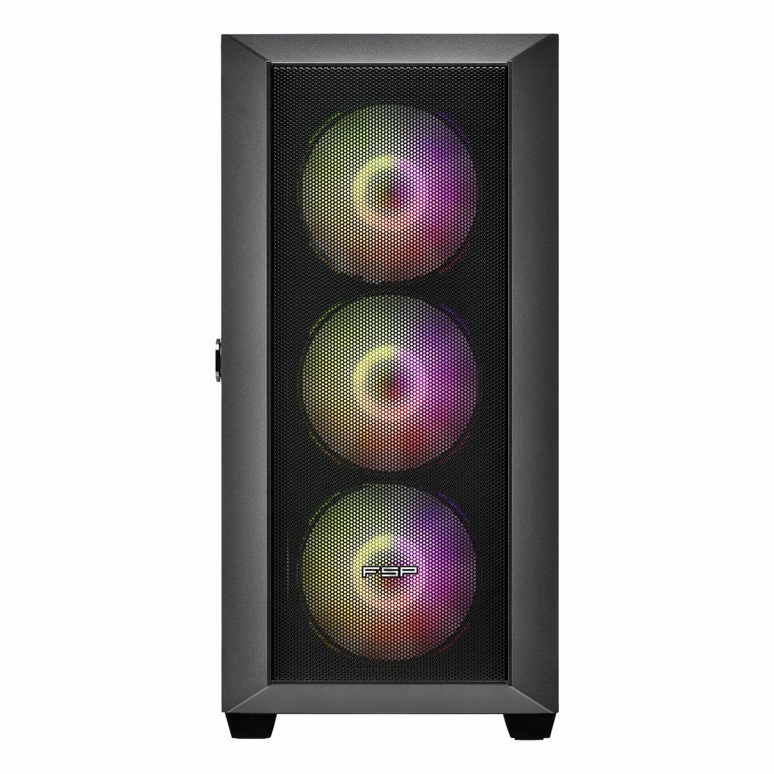 Ön panelinde file ve üç aydınlatmalı RGB fan bulunan siyah bilgisayar kasası.