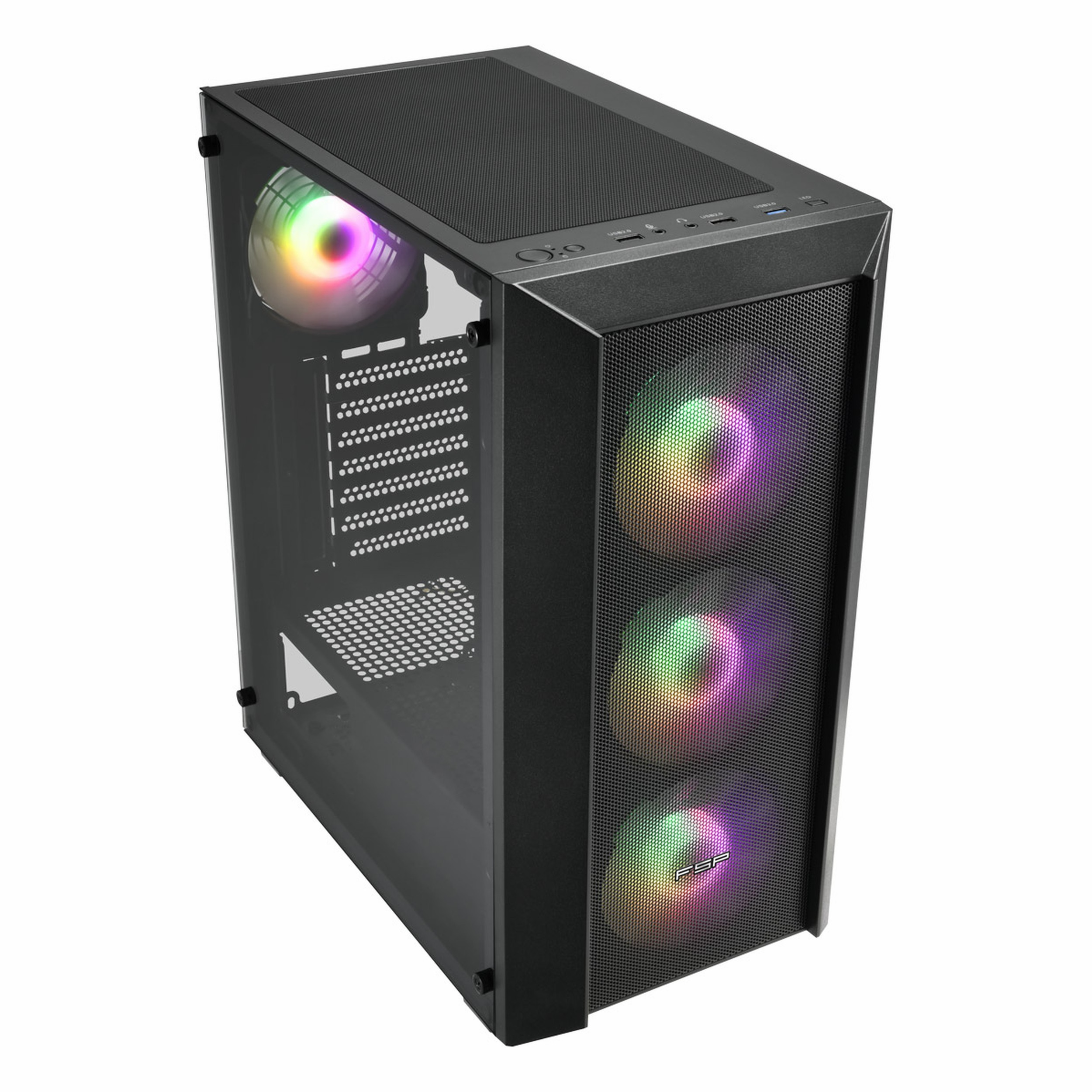 Cam yan panelli ve dört RGB fanlı siyah bir bilgisayar kasası.