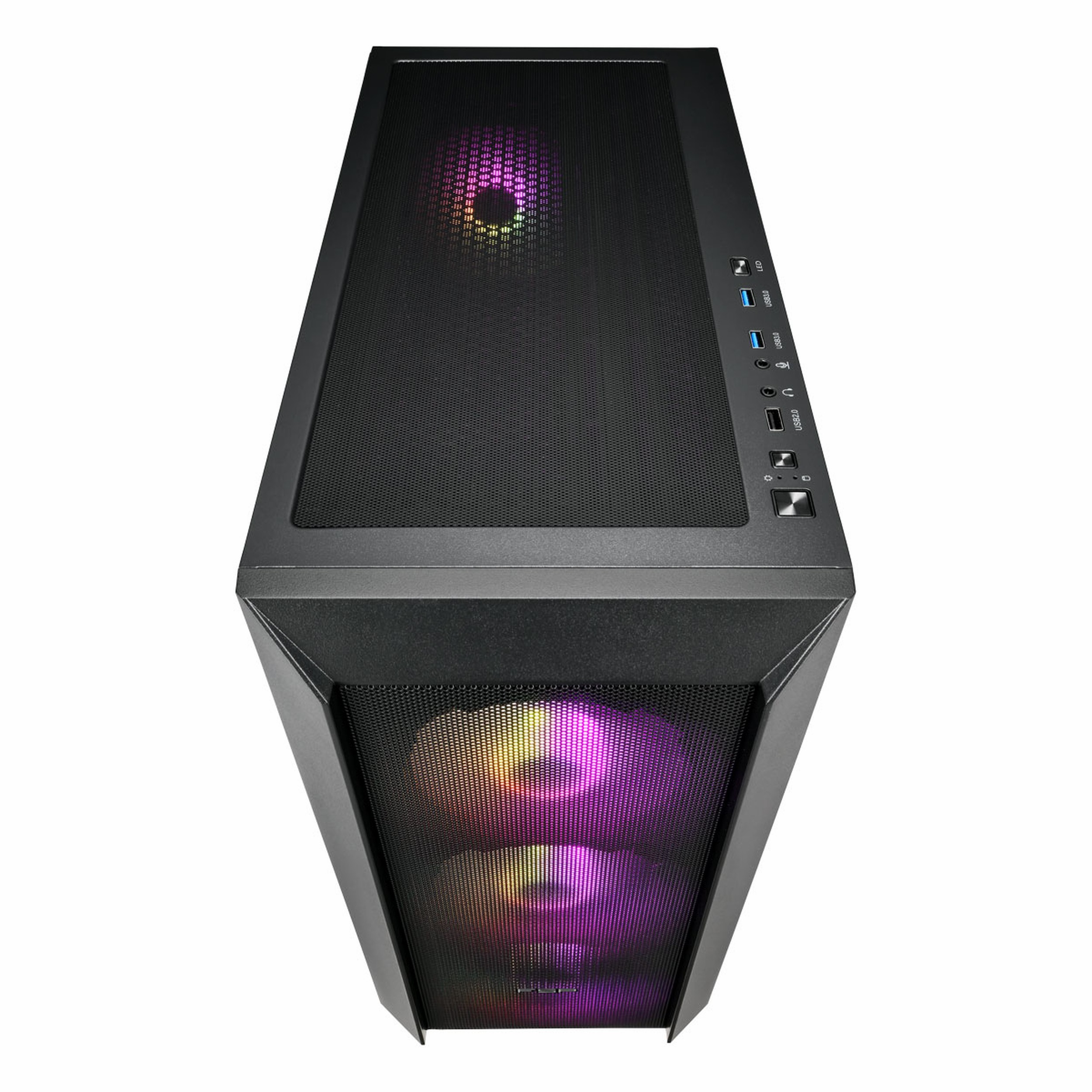 Önü fileli, renkli RGB fanlı ve üst bağlantı noktalarına sahip siyah PC kasası.