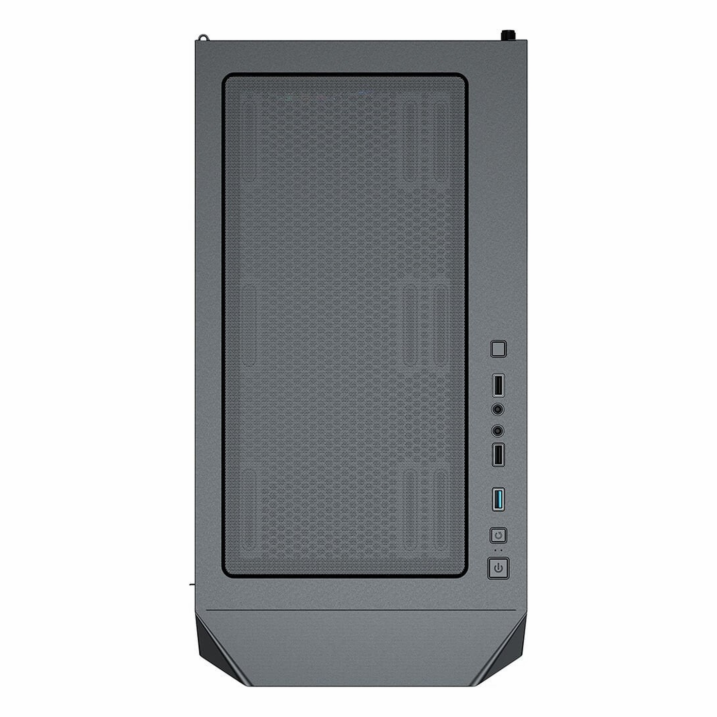Ön panelde fileli ve USB portlu gri bilgisayar kasası.