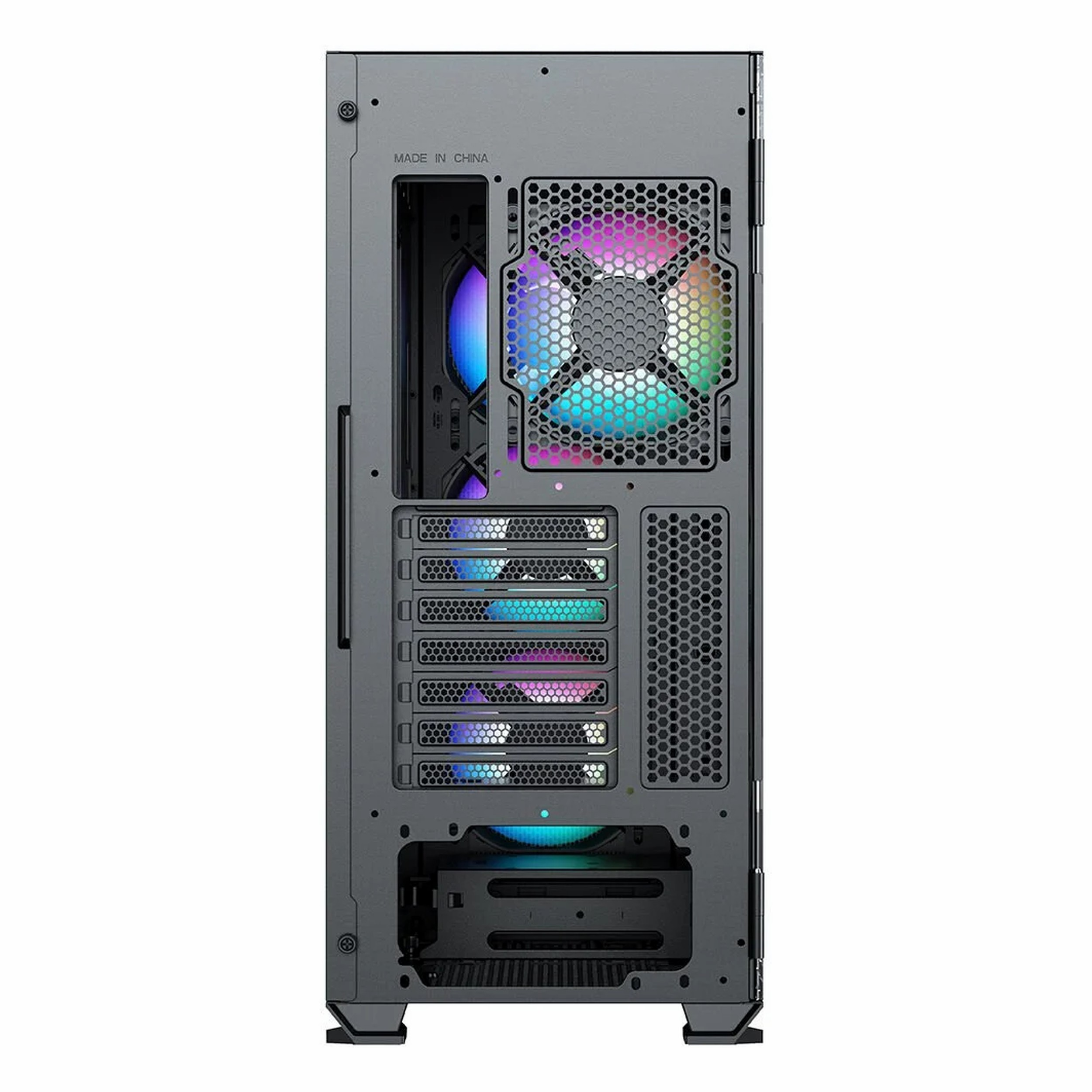 Renkli aydınlatmalı RGB fanlara ve havalandırma deliklerine sahip gri bir PC kasasının arka görünümü.