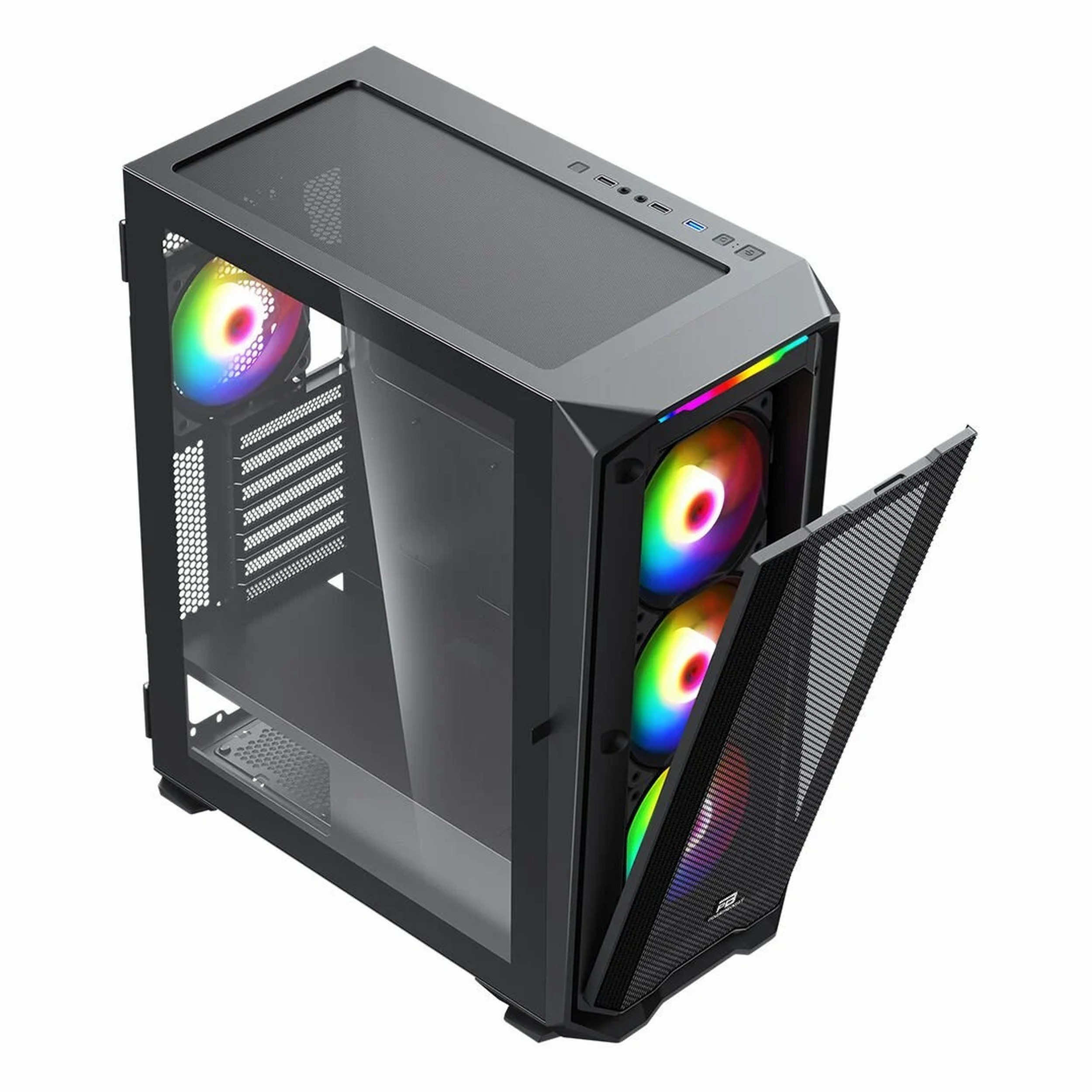 Cam yan panelli ve renkli RGB fanlı siyah bilgisayar kasası.