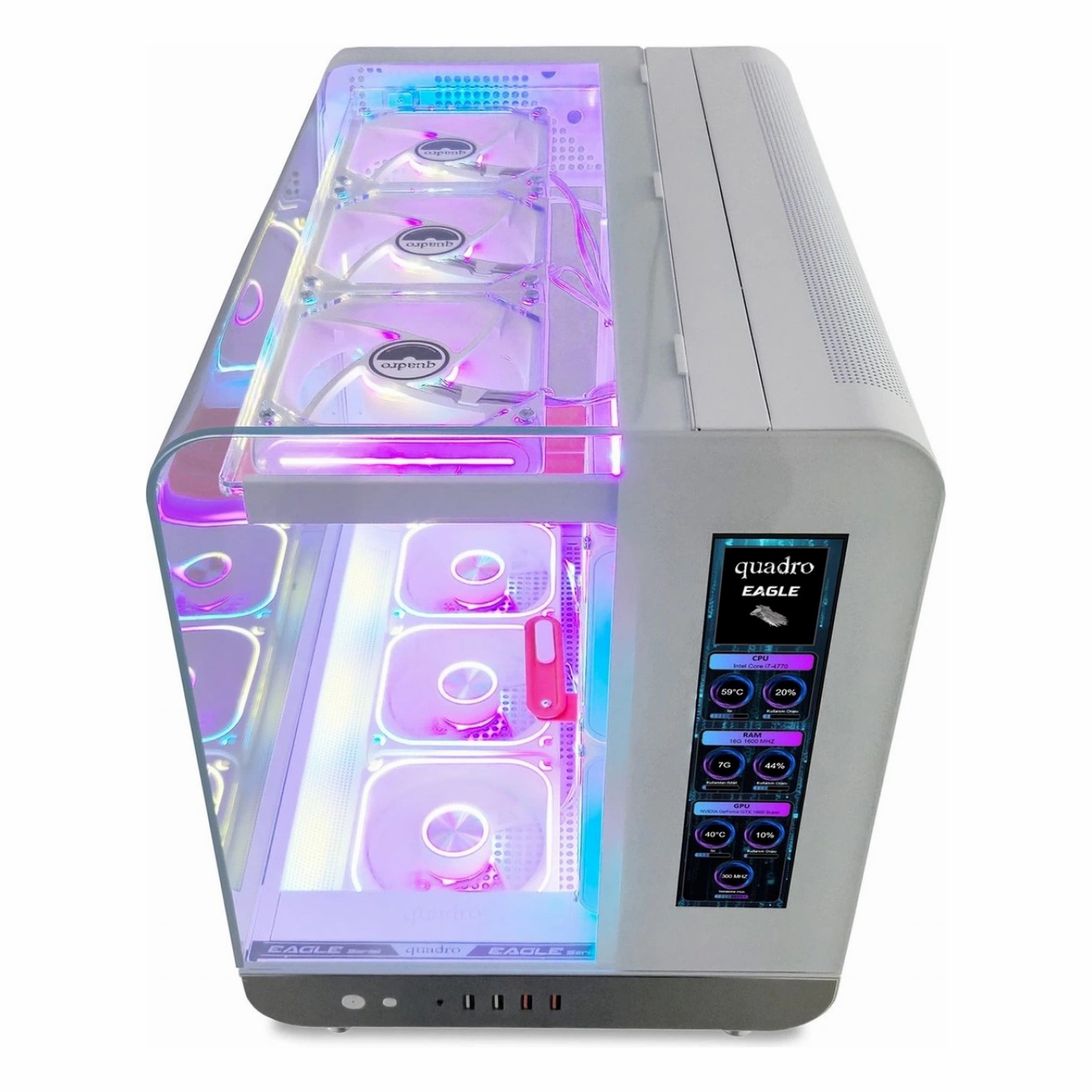 Cam ön yüzlü, renkli RGB aydınlatmalı ve fanlı beyaz bilgisayar kasası.