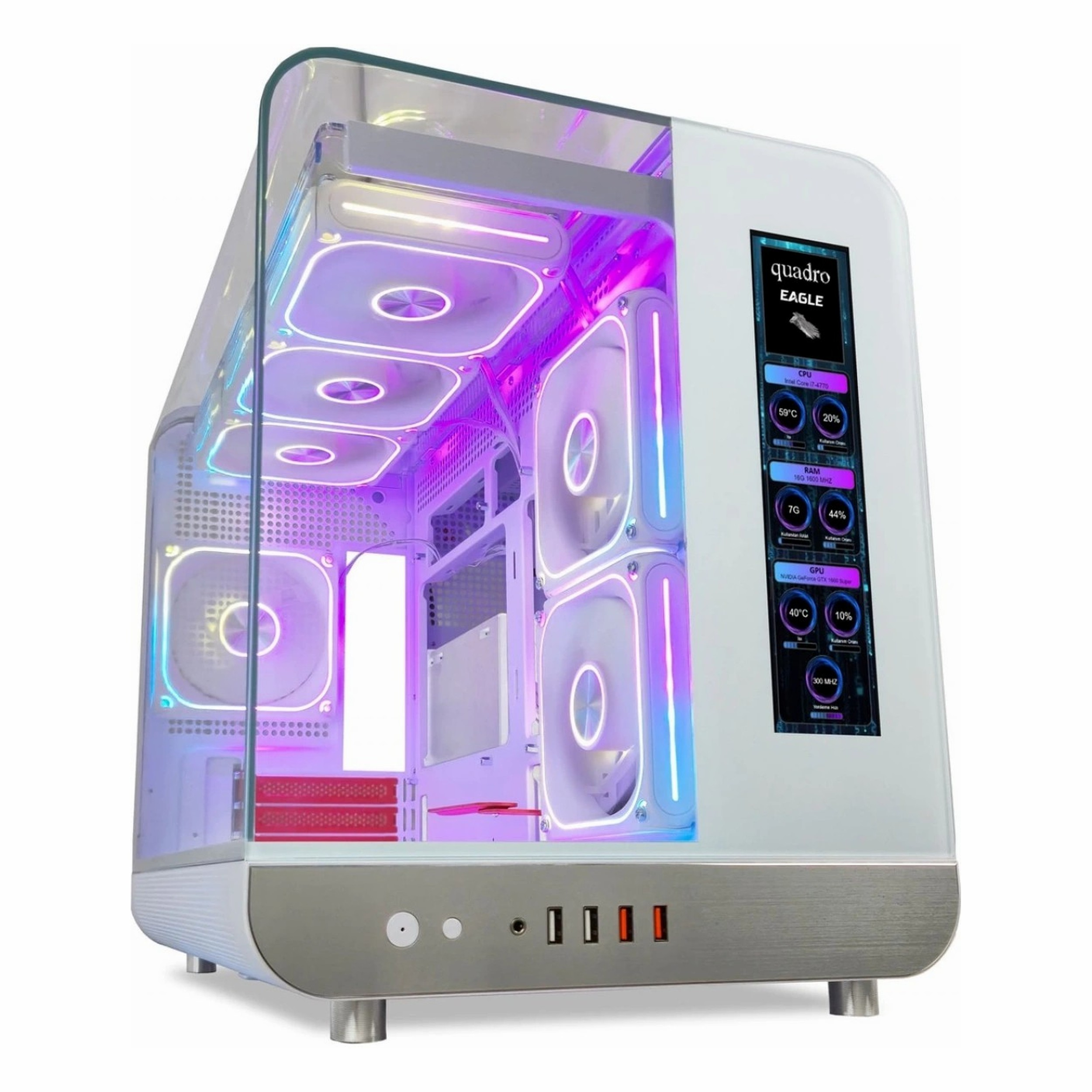 Cam ön panelli, RGB fanlı ve entegre LCD sistem monitörlü beyaz bilgisayar kasası.