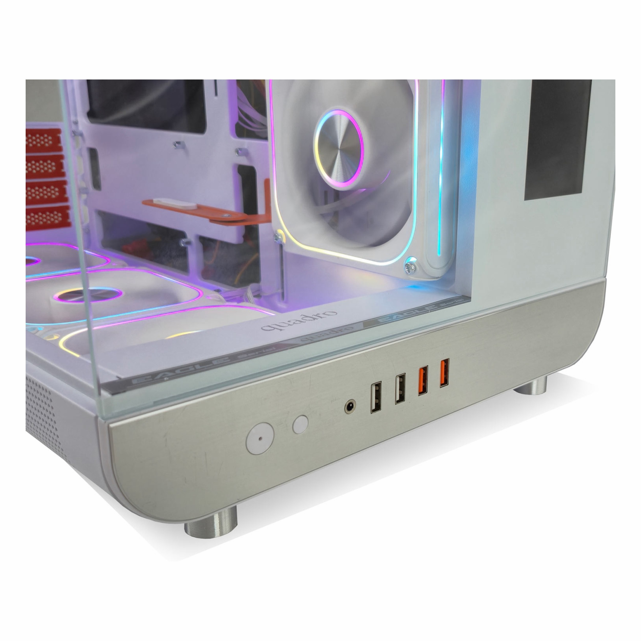RGB fanlara ve ön bağlantı noktalarına sahip beyaz bir bilgisayar kasası.